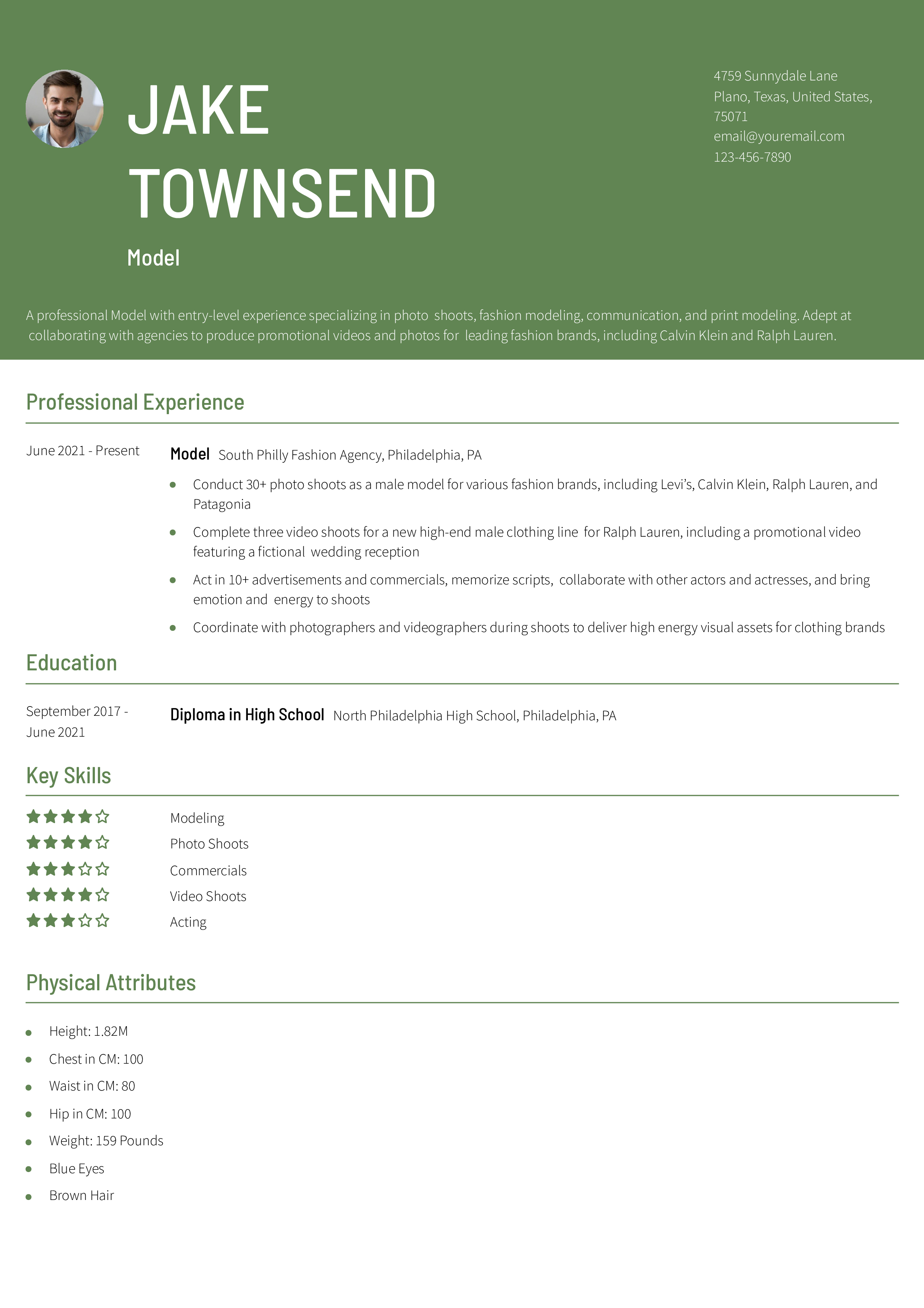 Professional Model Resume Example