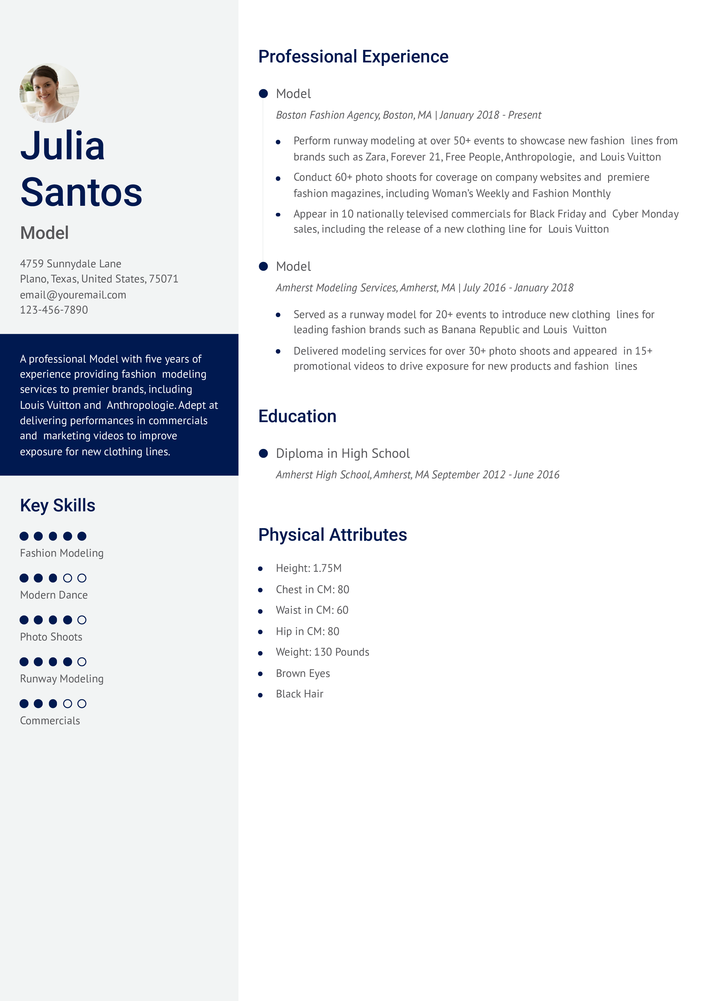 Fashion Model Resume Example