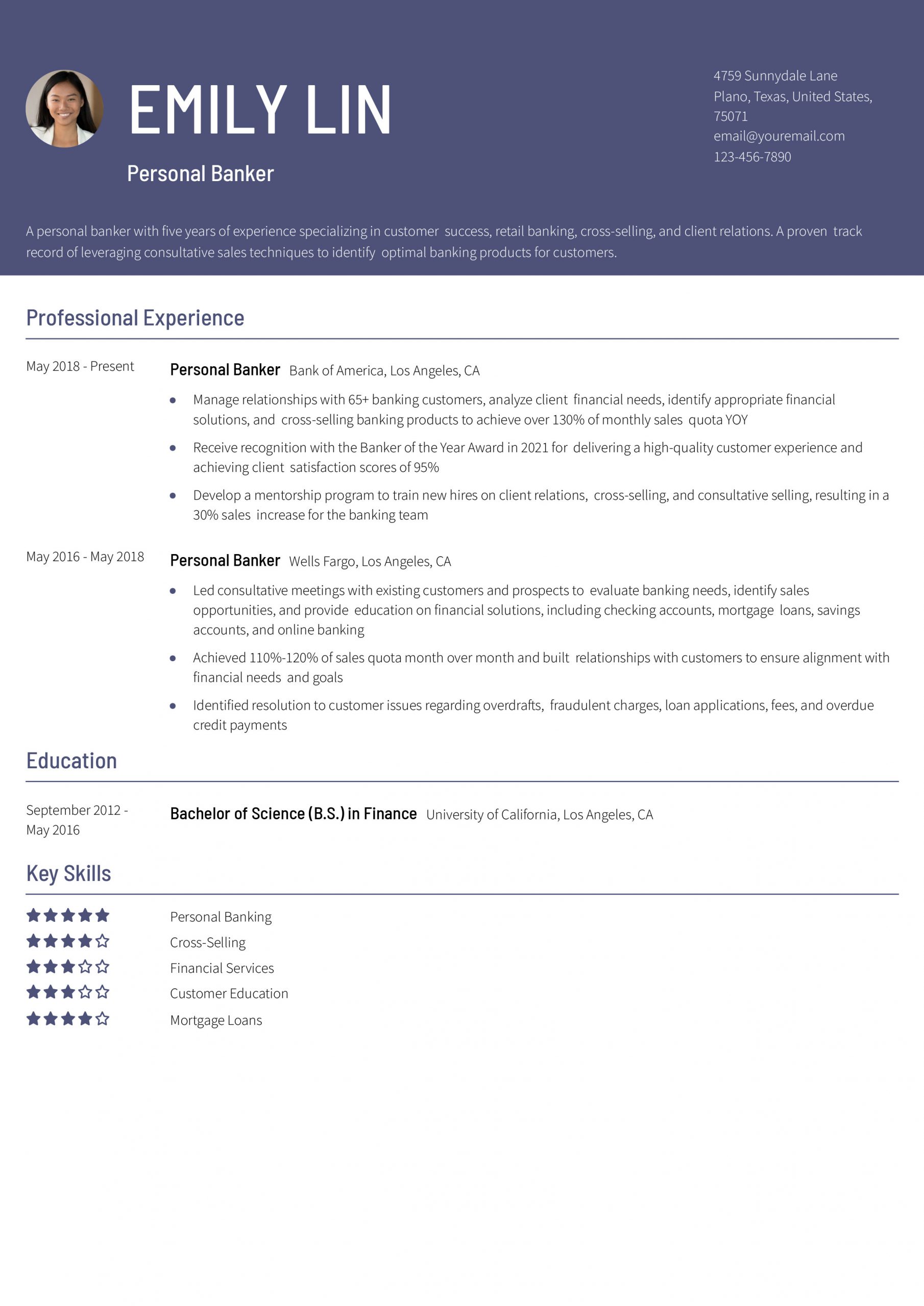 Experienced Personal Banker Resume Example