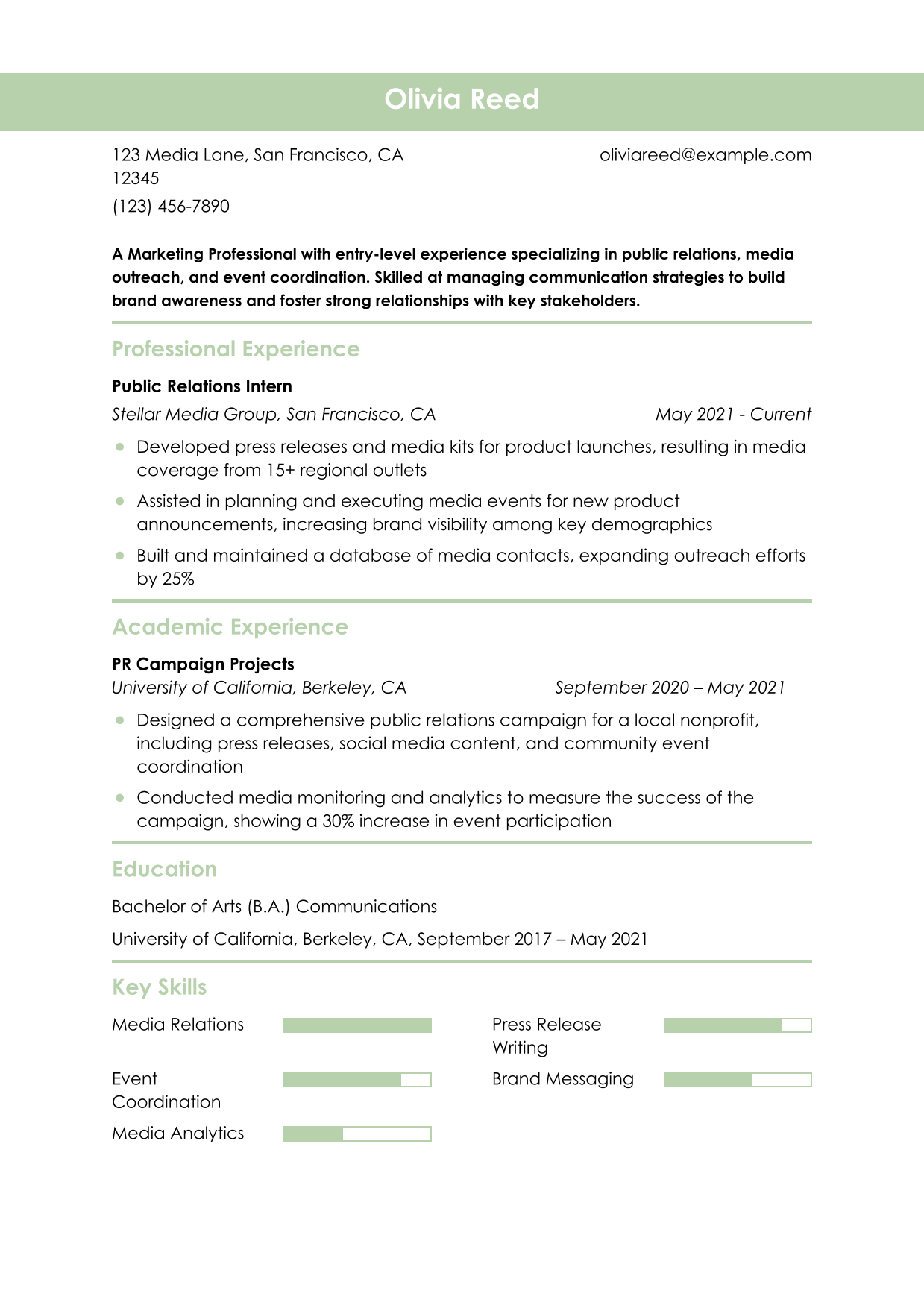 Public Relations Marketing Intern Resume Example