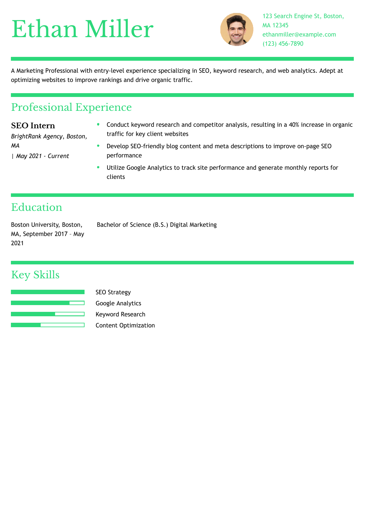 SEO Marketing Intern Resume Example
