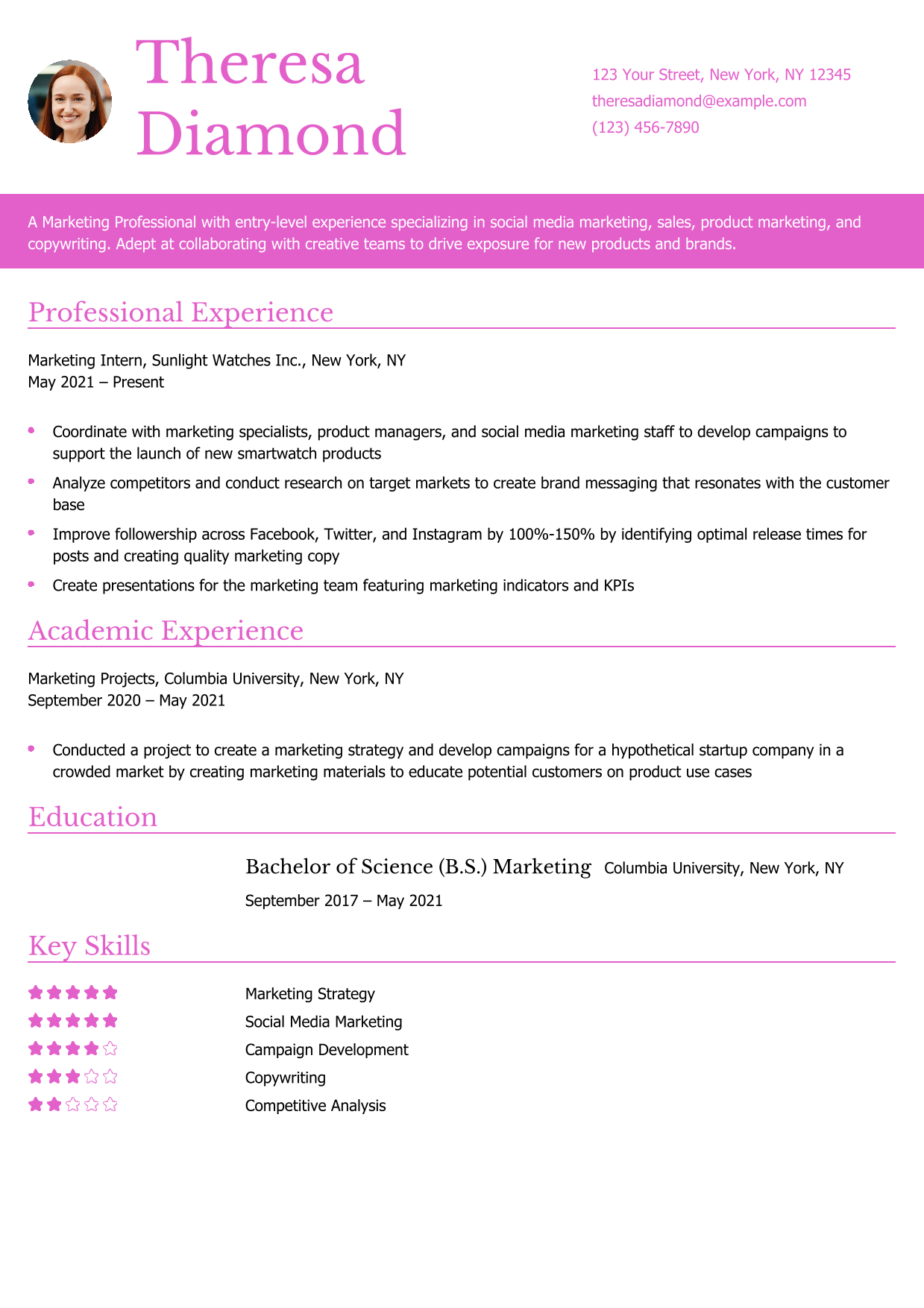 Marketing Intern Resume Example