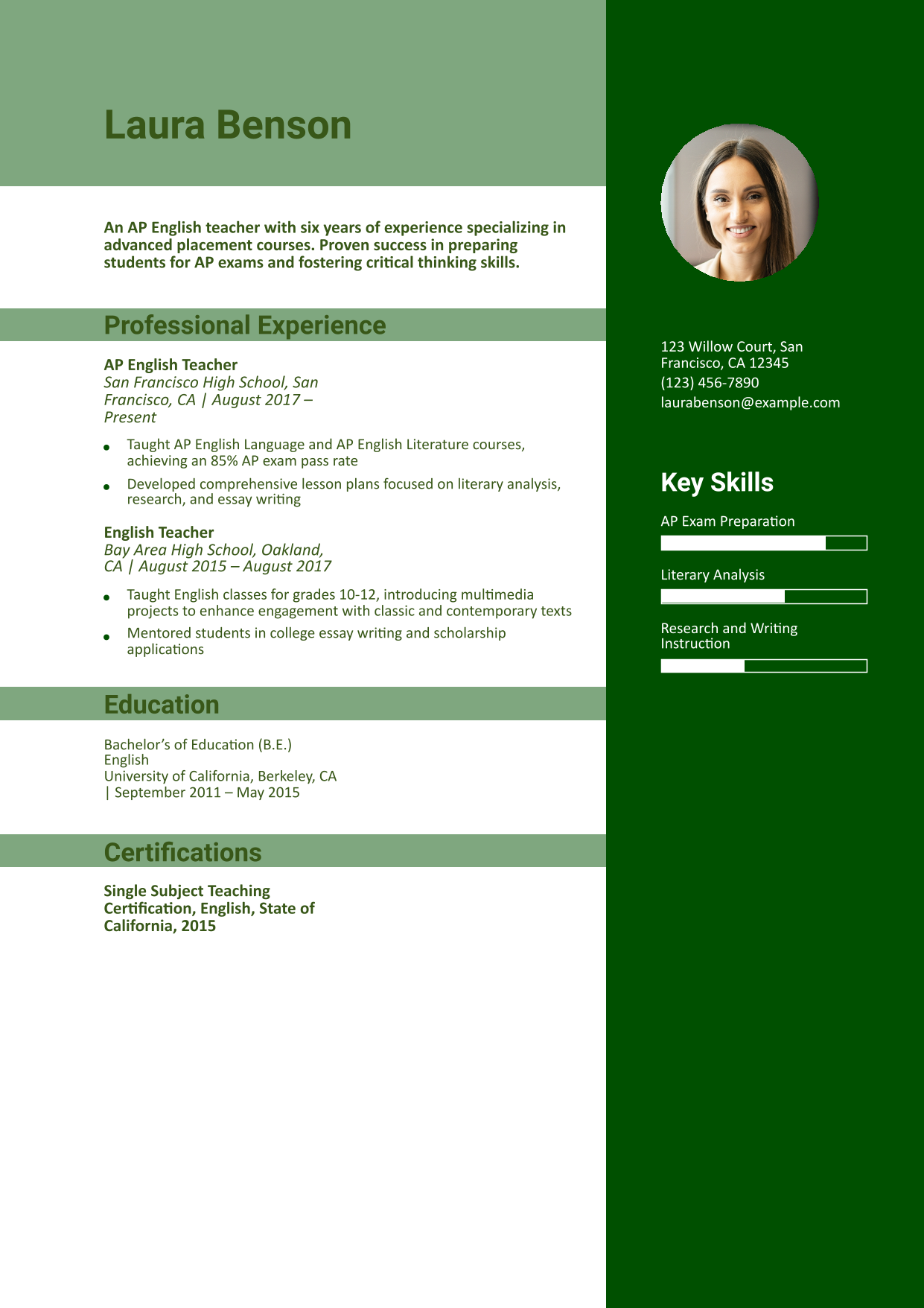 AP English Teacher Resume Example