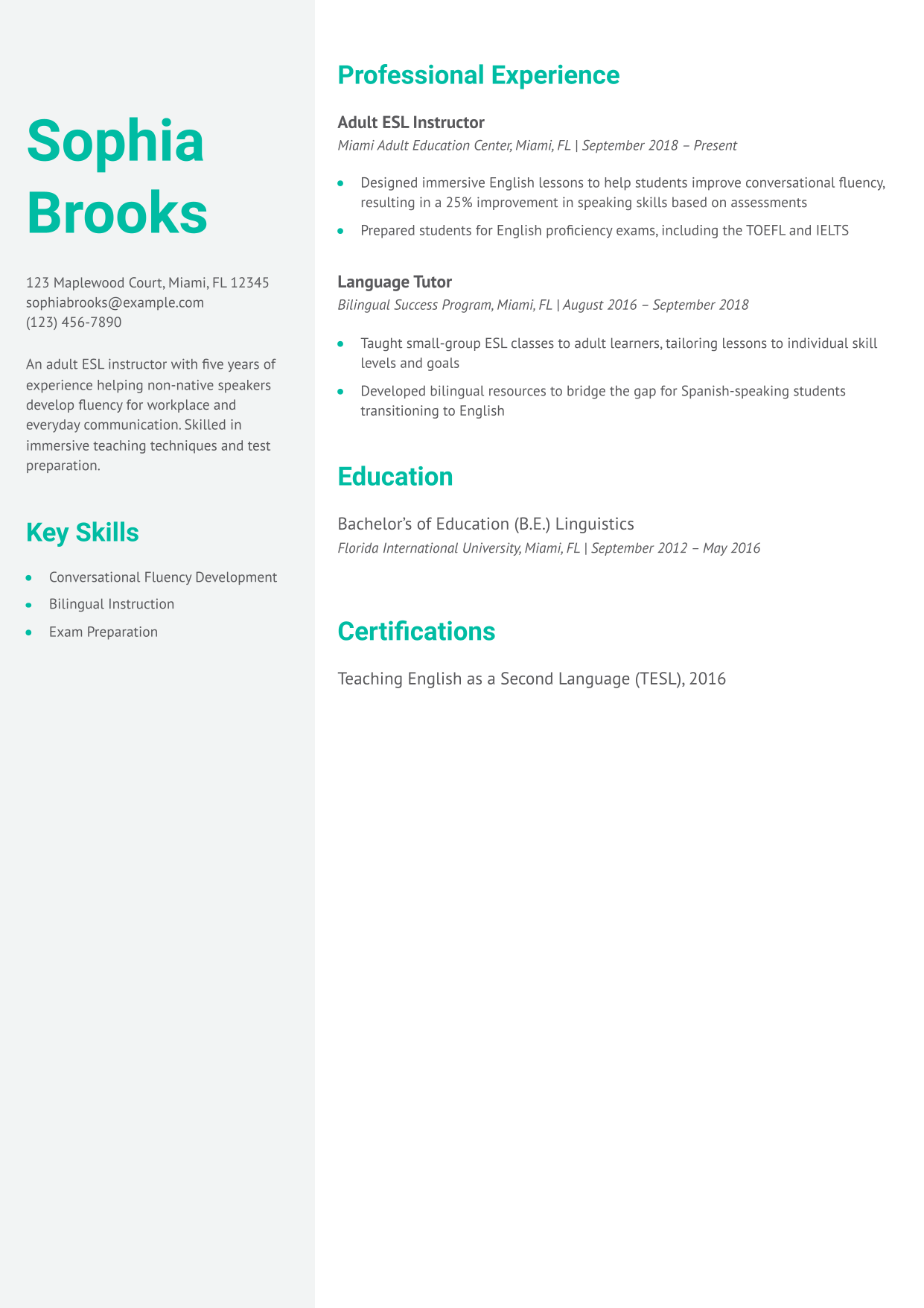 Adult ESL Instructor Resume Example