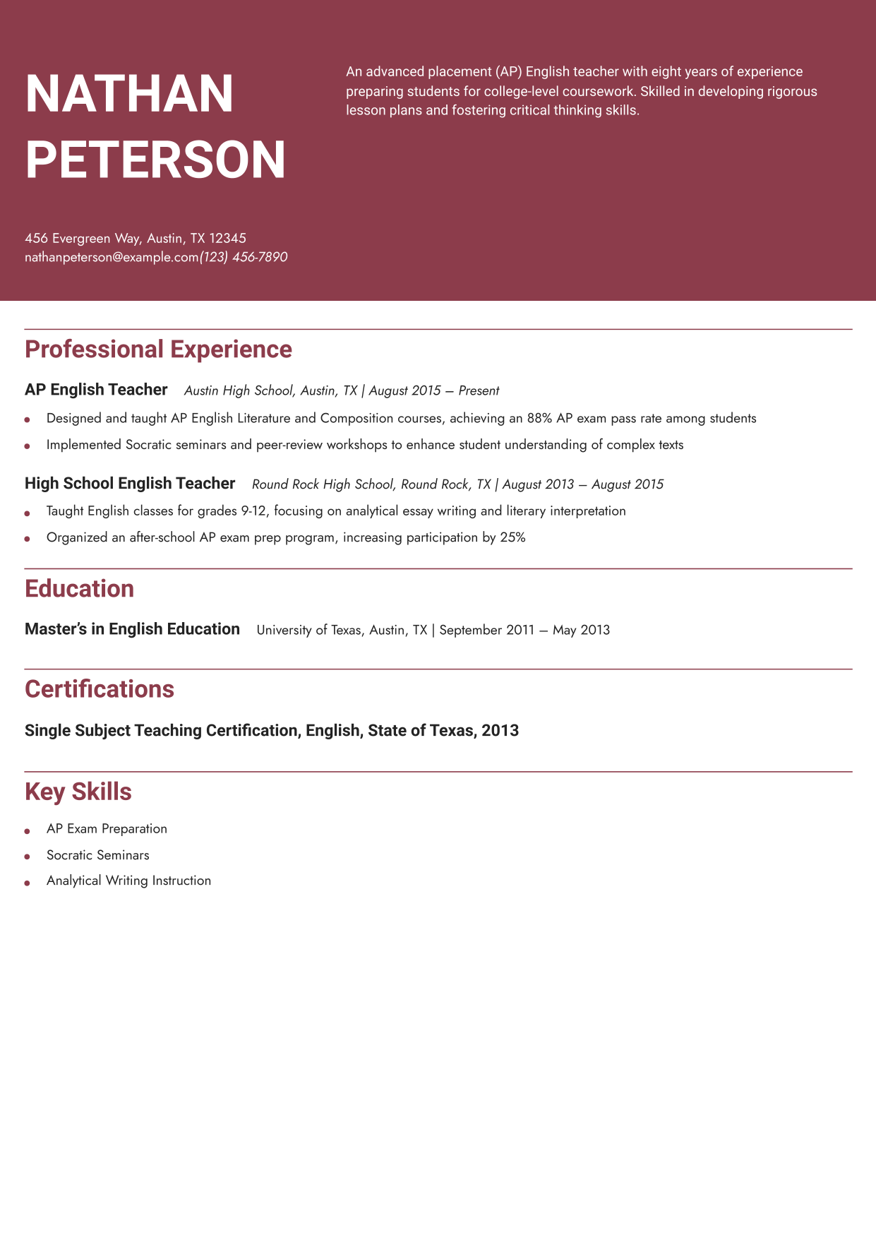 Advanced Placement English Teacher Resume Example