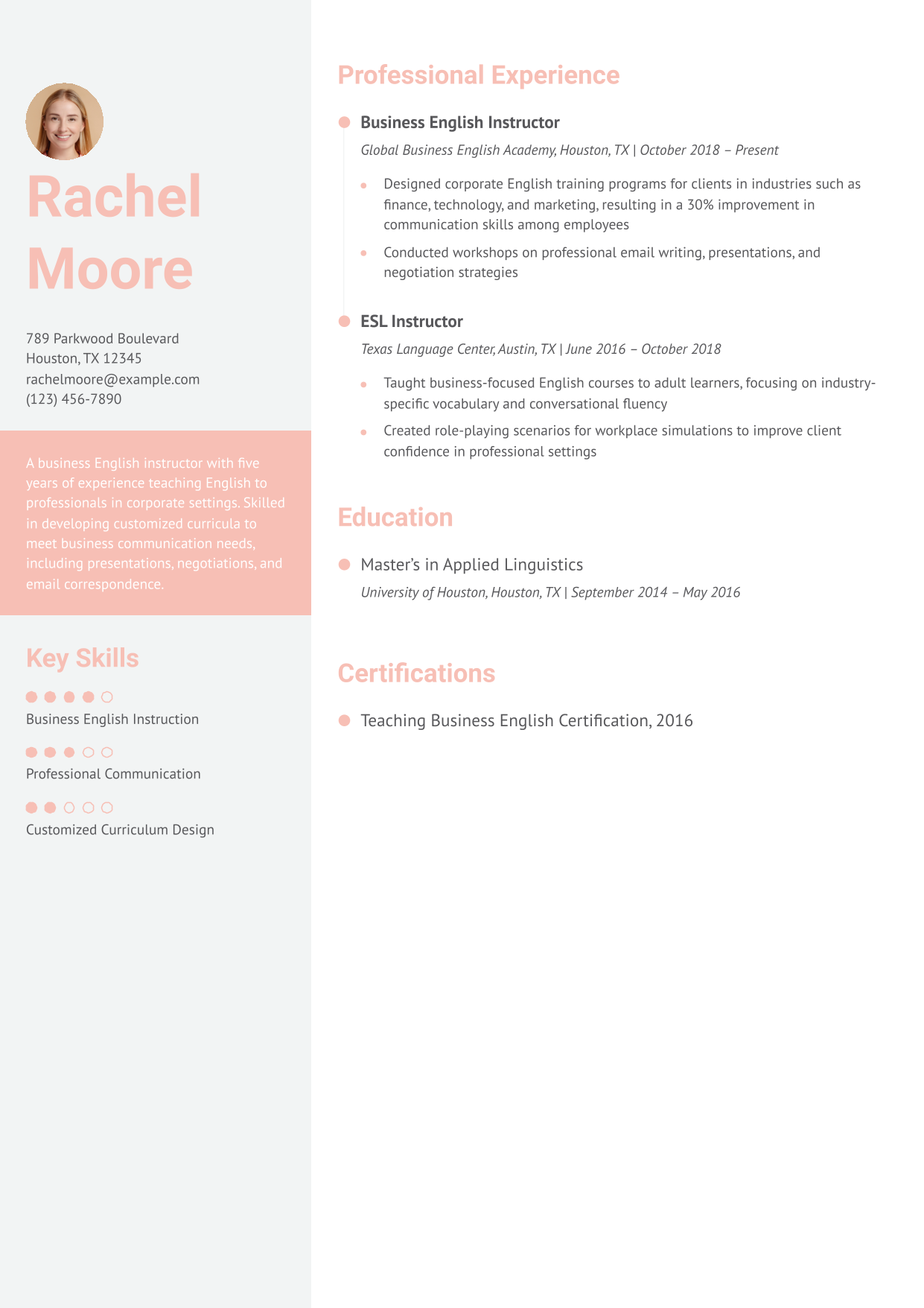 Business English Instructor Resume Example