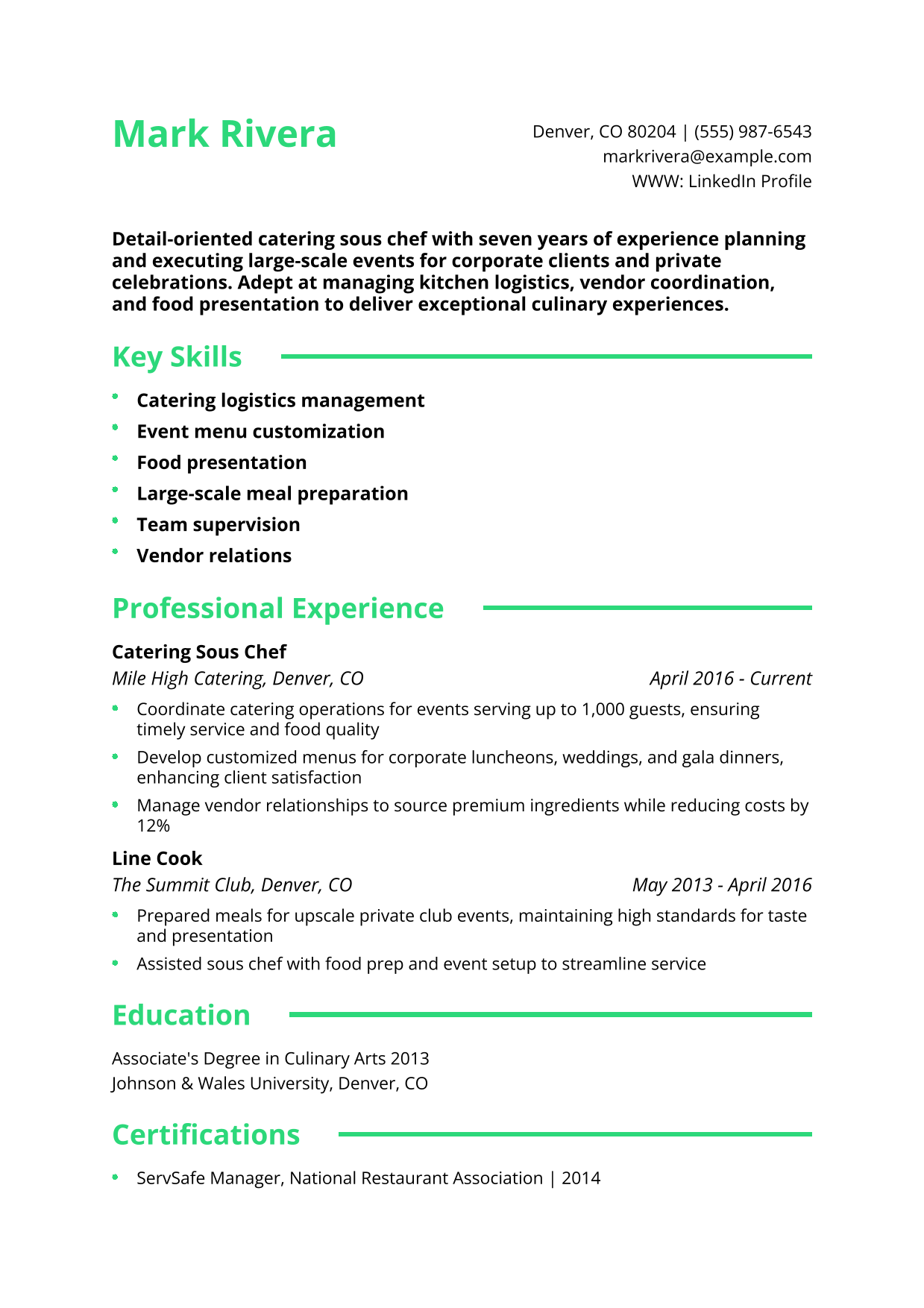 Catering Sous Chef Resume Example