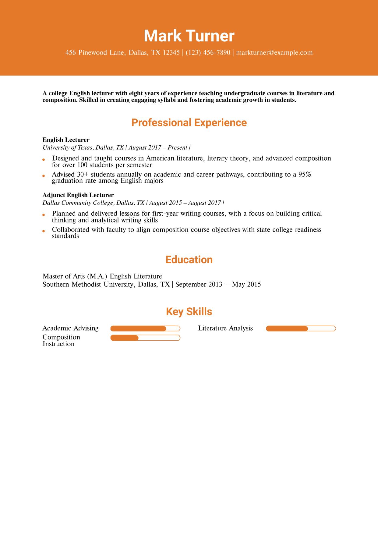 College English Lecturer Resume Example