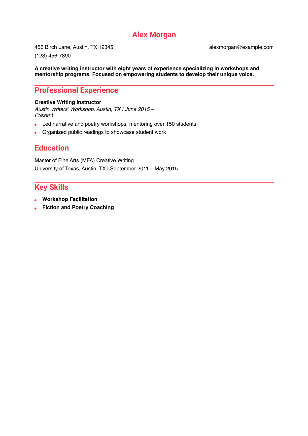 Creative Writing Instructor Resume Example