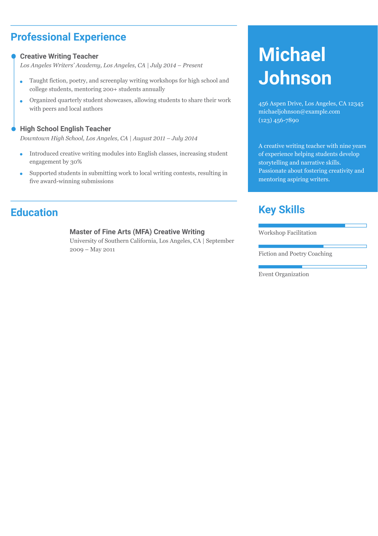 Creative Writing Teacher Resume Example