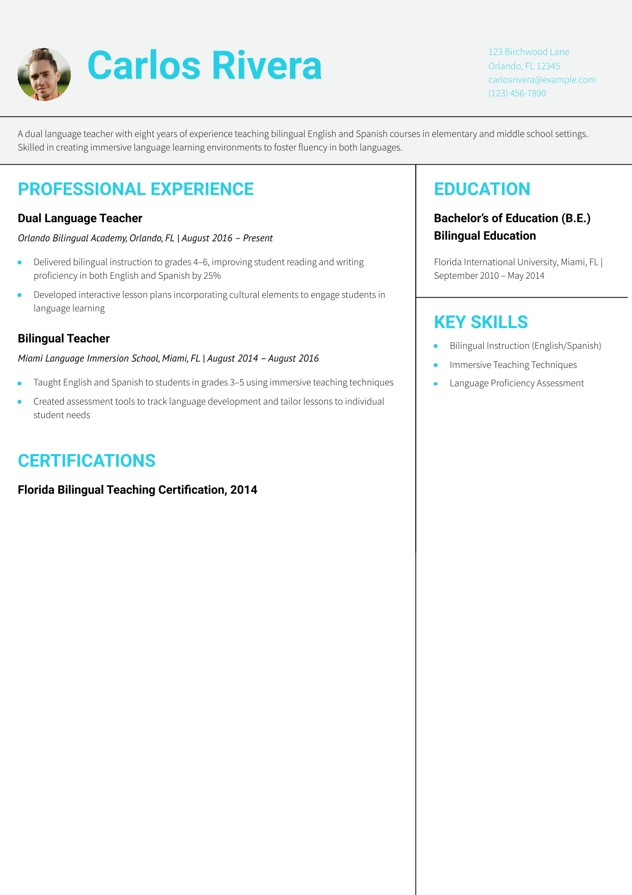 Dual Language Teacher Resume Example