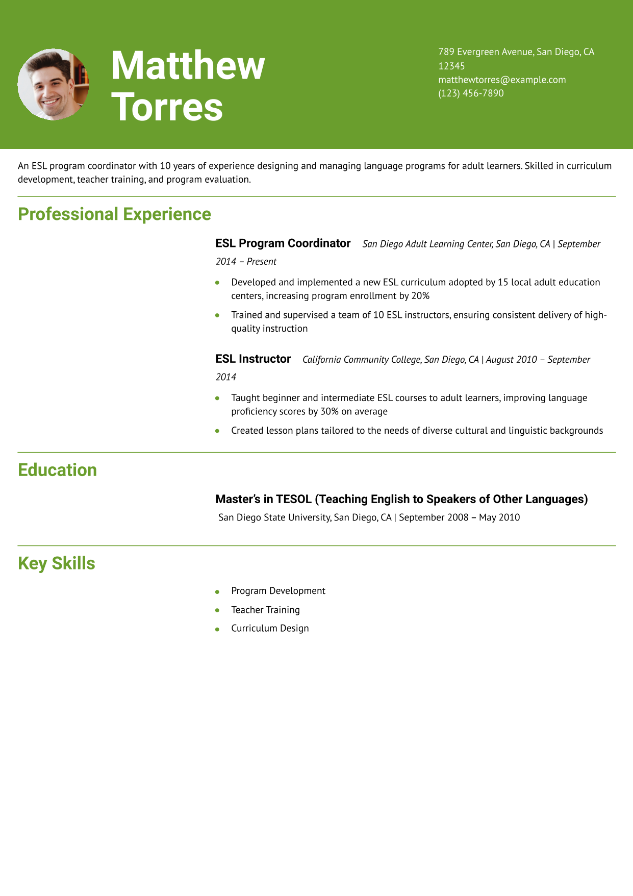 ESL Program Coordinator Resume Example