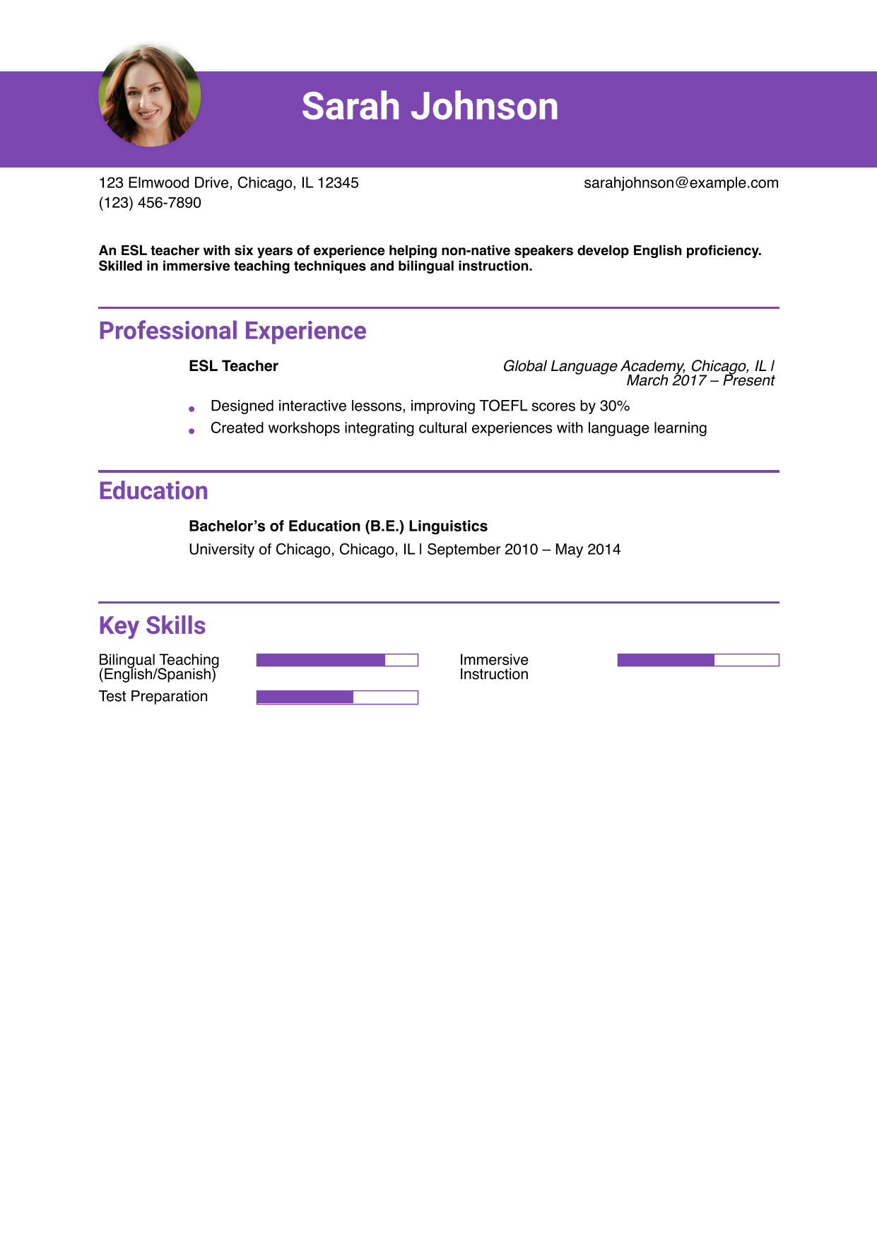 ESL Teacher Resume Example