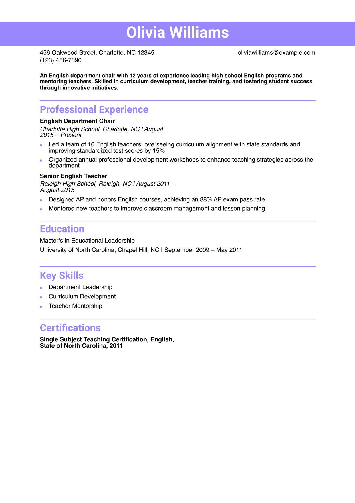 English Department Chair Resume Example