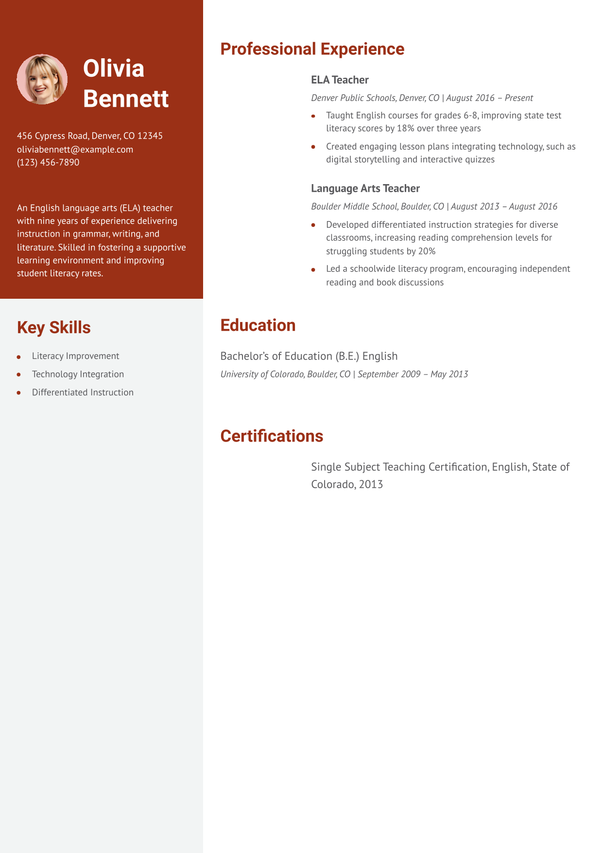 English Language Arts Teacher Resume Example