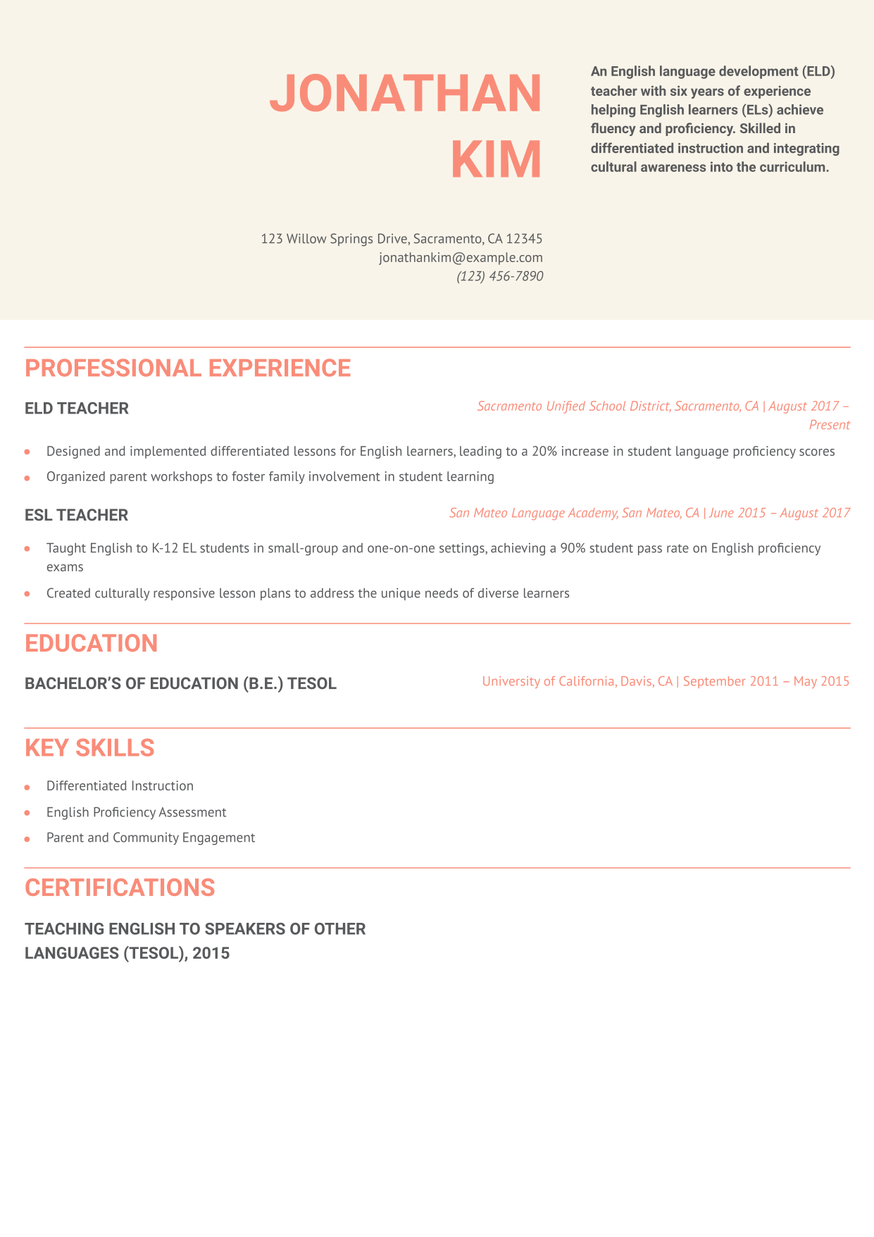 English Language Development (ELD) Teacher Resume Example