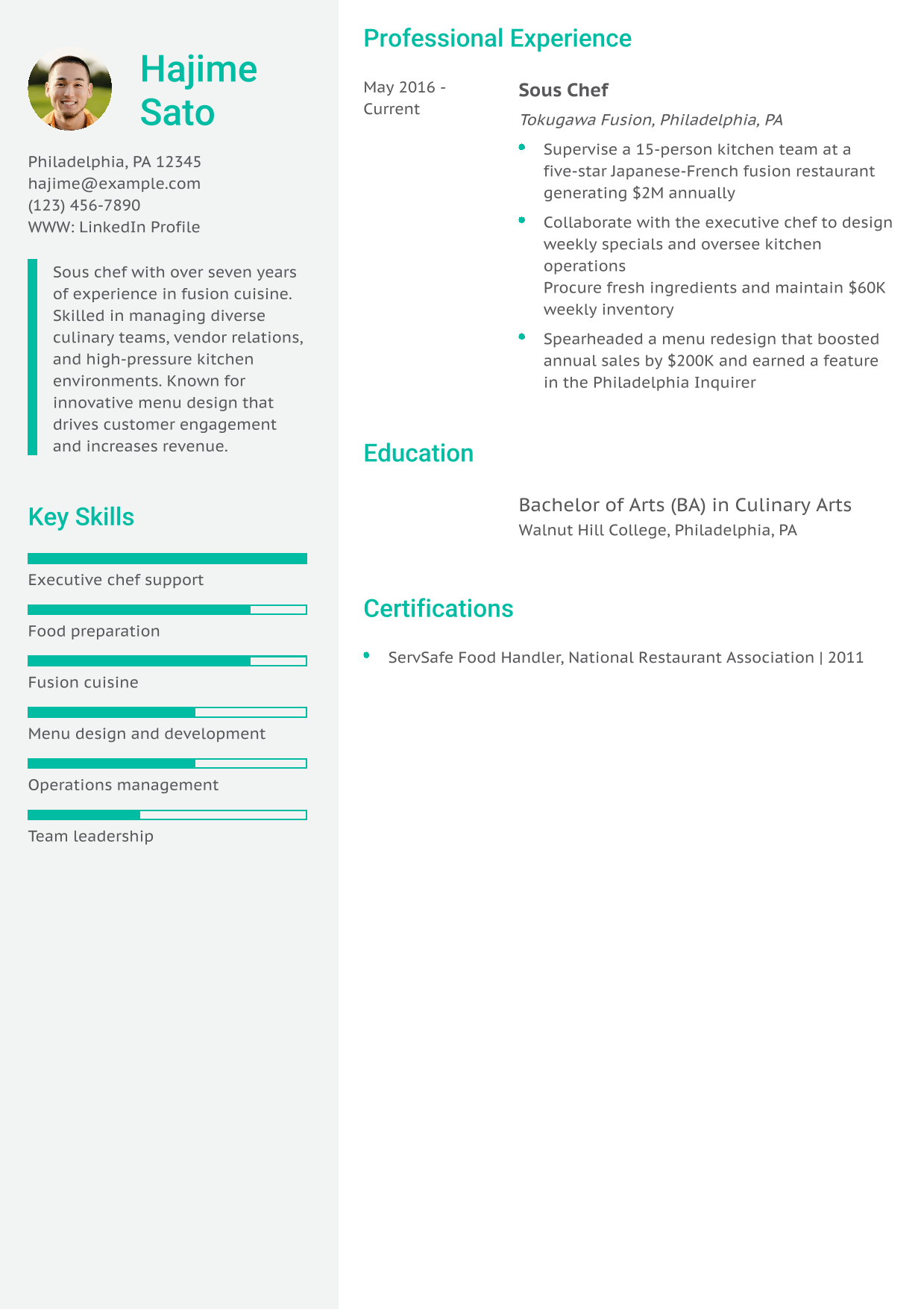 Fusion Sous Chef Resume Example