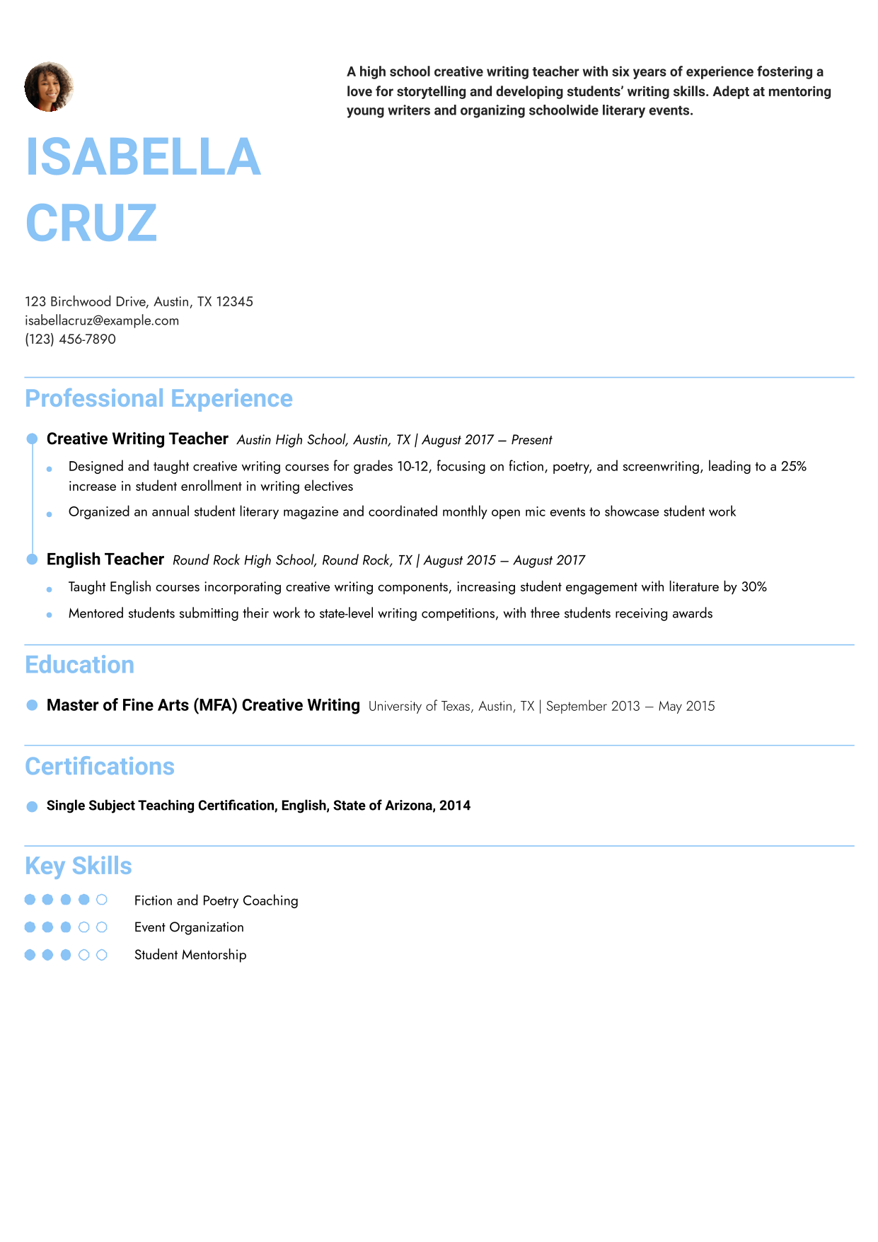 High School Creative Writing Teacher Resume Example