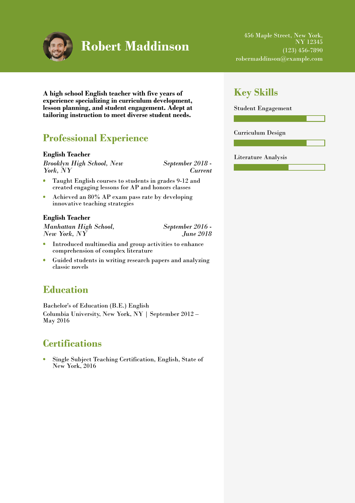 High School English Teacher Resume Example