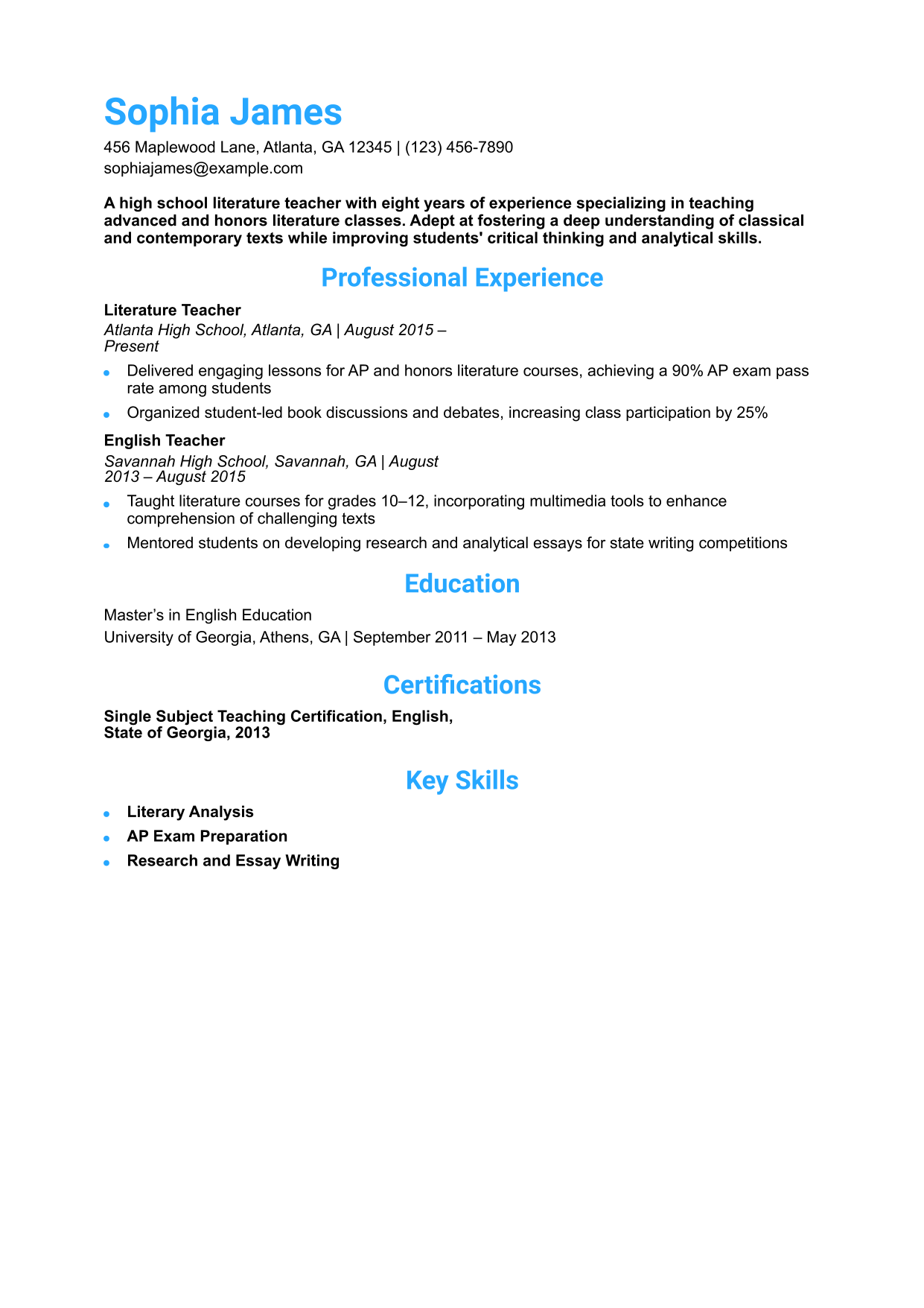 High School Literature Teacher Resume Example