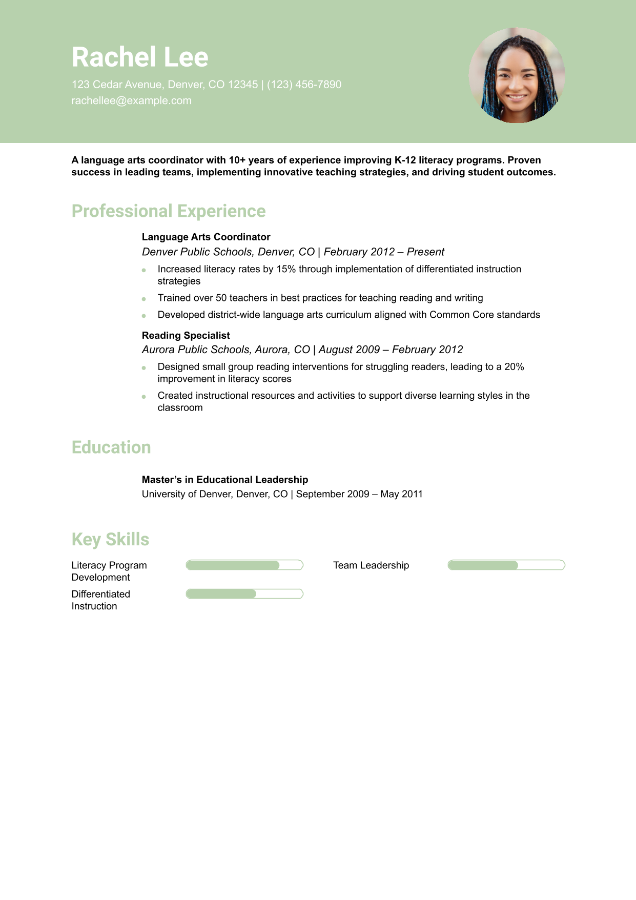 Language Arts Coordinator Resume Example