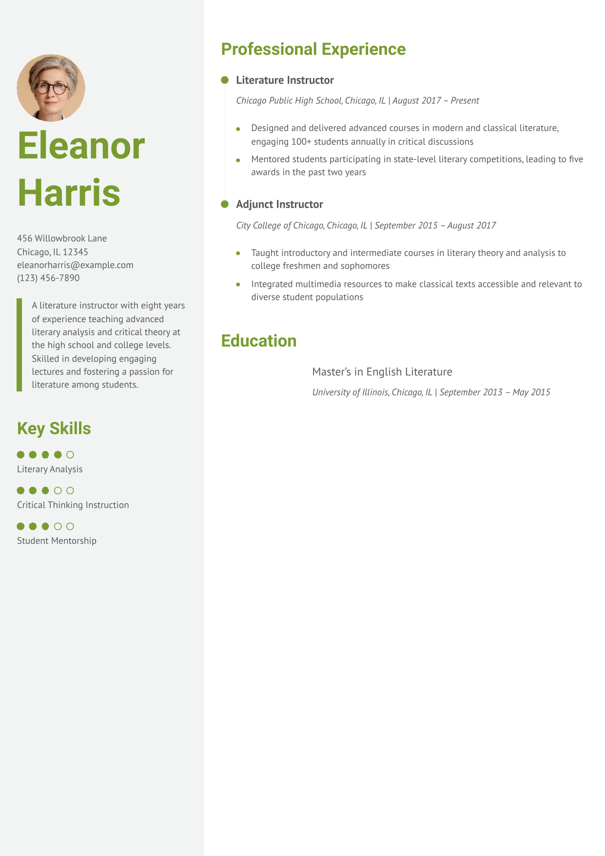 Literature Instructor Resume Example