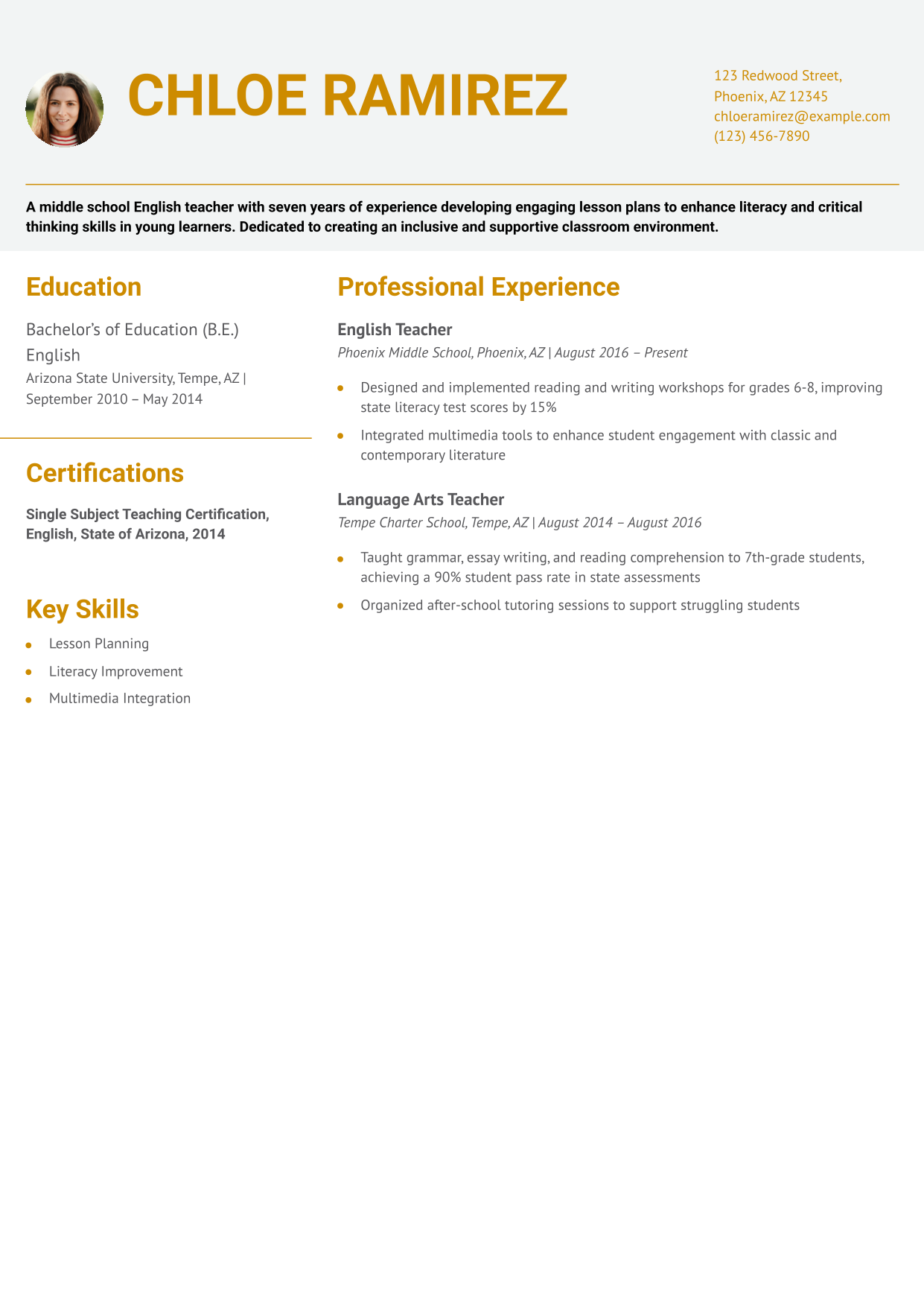 Middle School English Teacher Resume Example