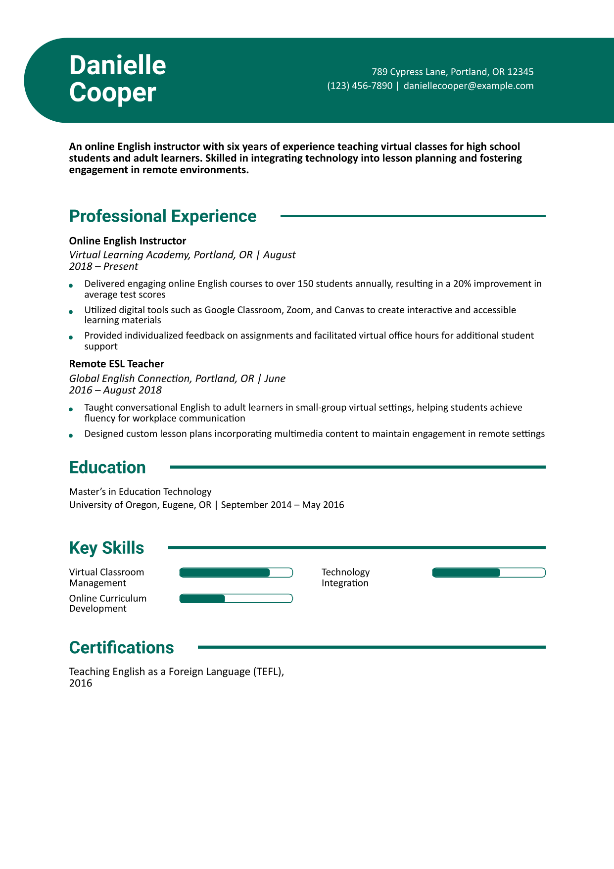 Online English Instructor Resume Example