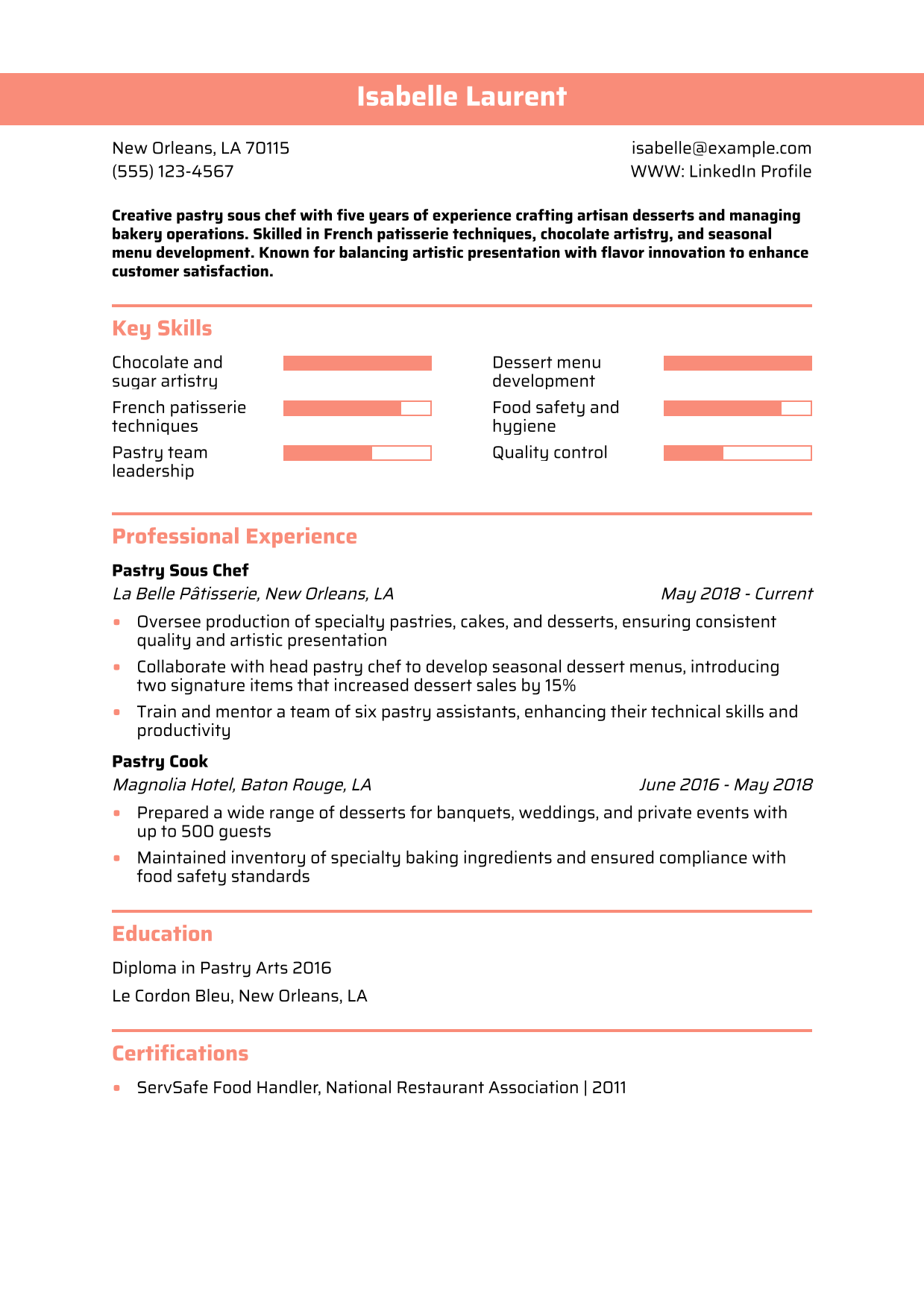 Pastry Sous Chef Resume Example