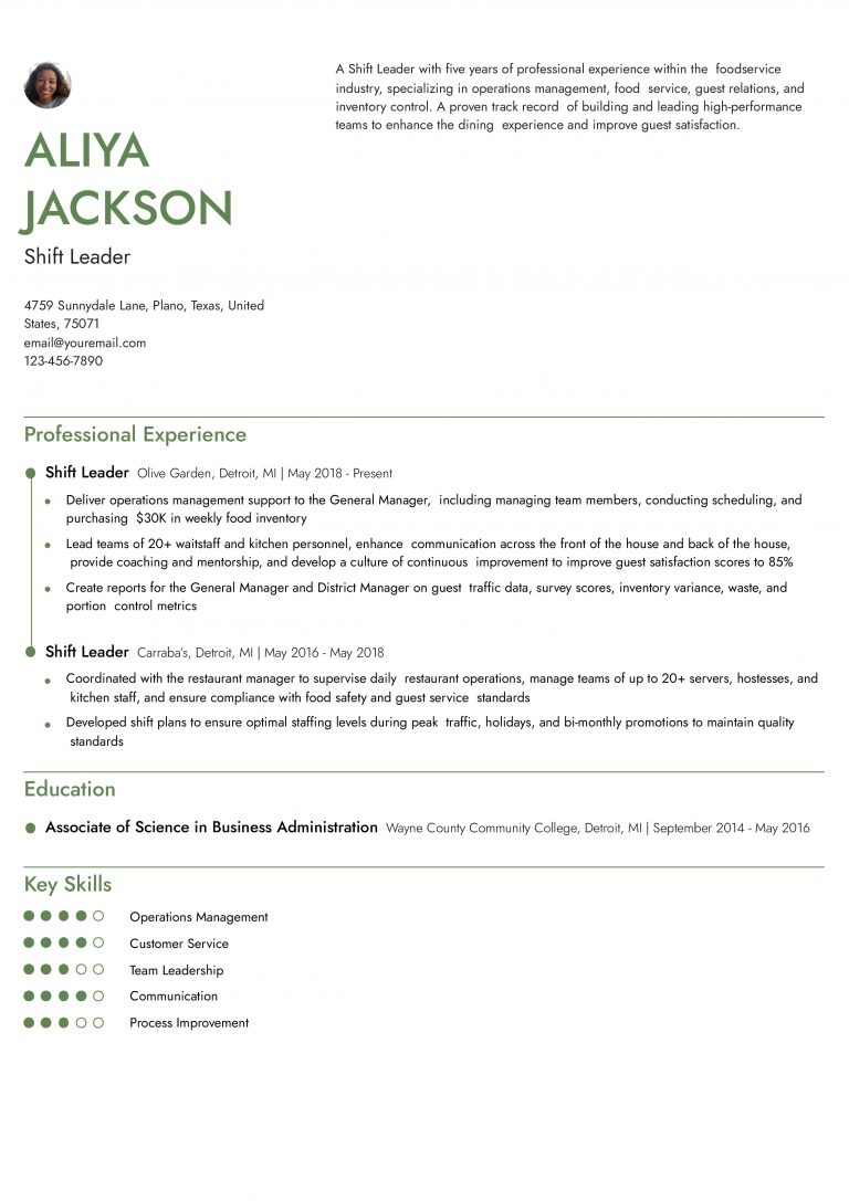 Best Shift Leader Resume Examples And Templates For 2026 Shift Leader Mid Level 768x1087