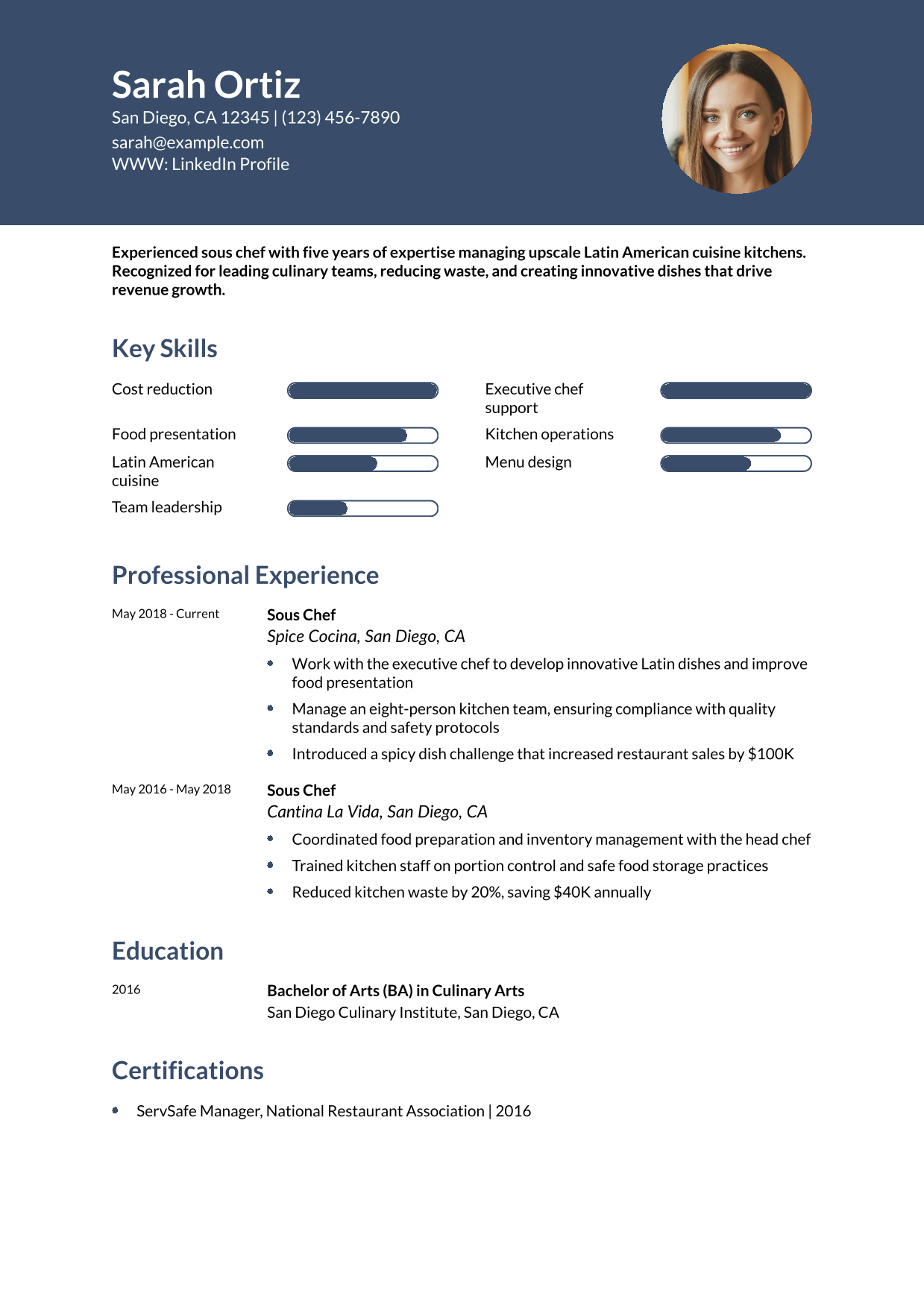 Sous Chef Leader Resume Example