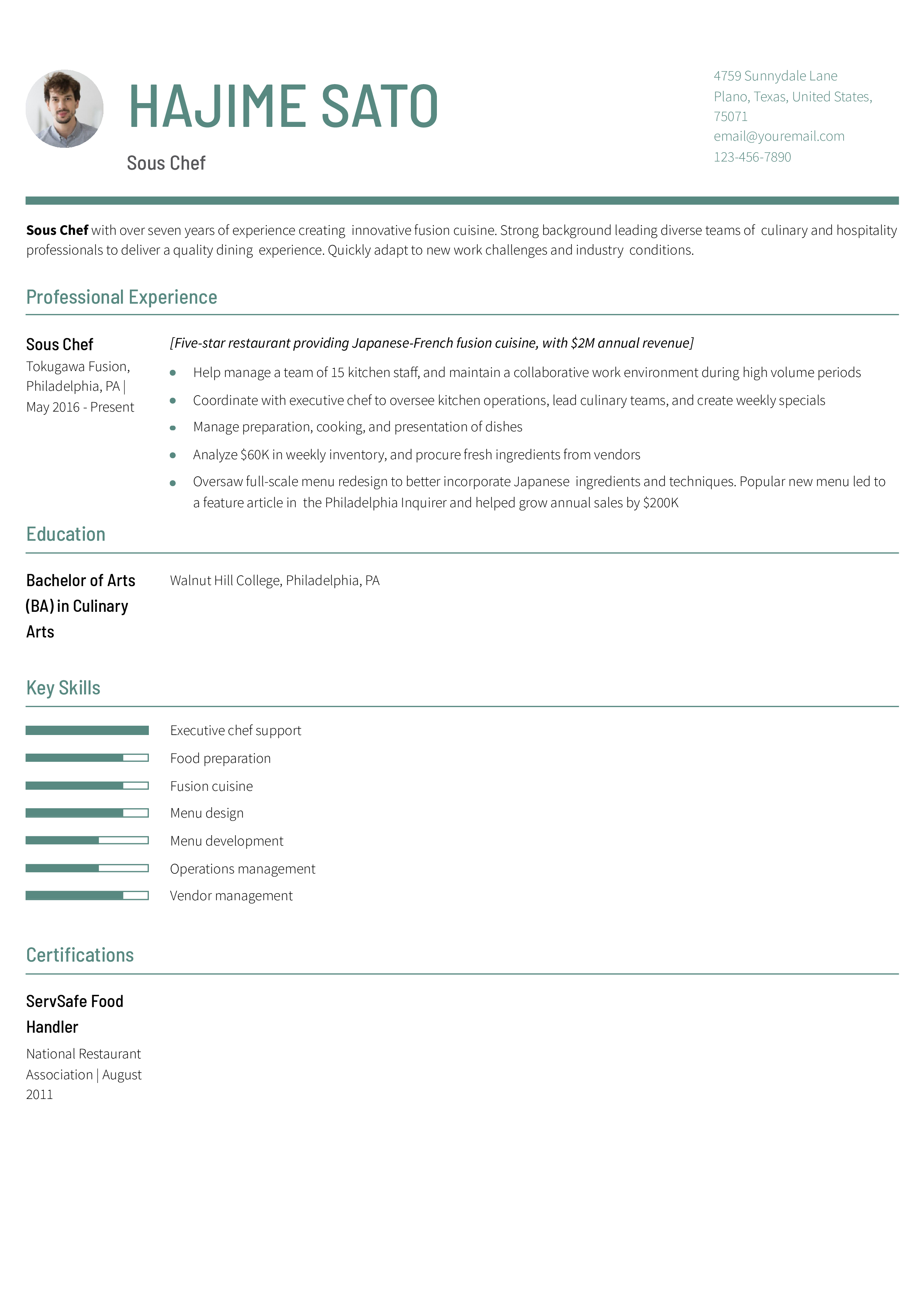 Sous Chef Resume Example