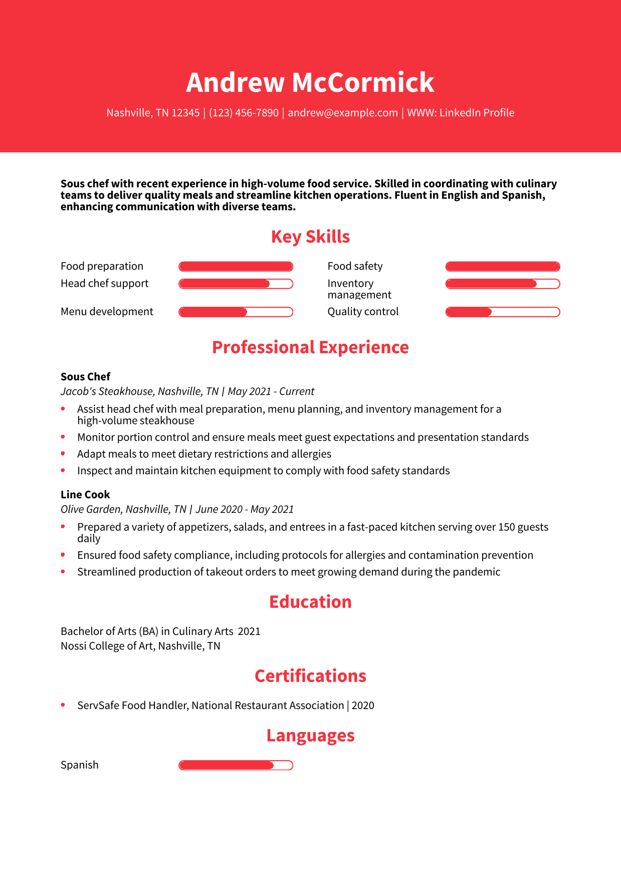 Sous Chef Resume Example