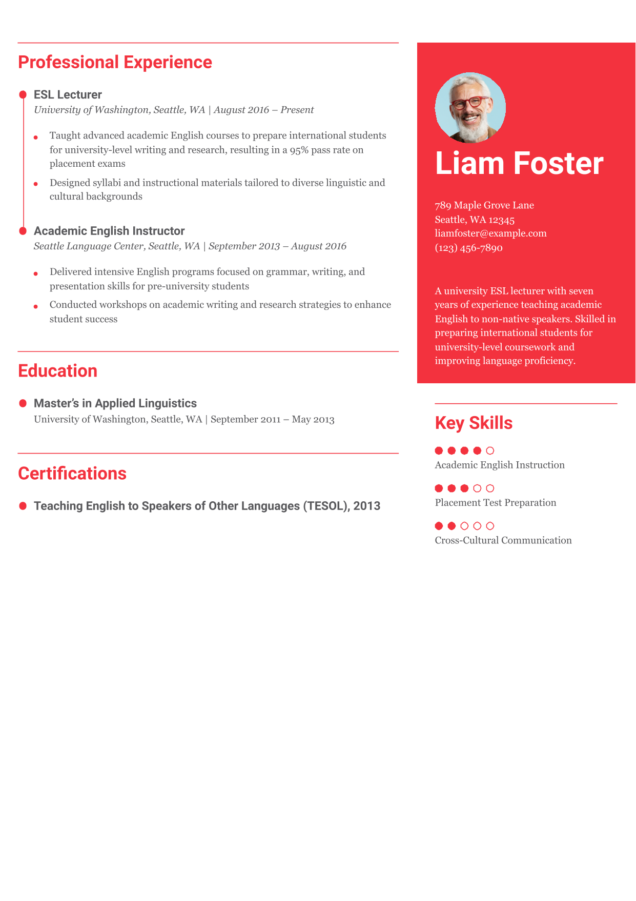 University ESL Lecturer Resume Example