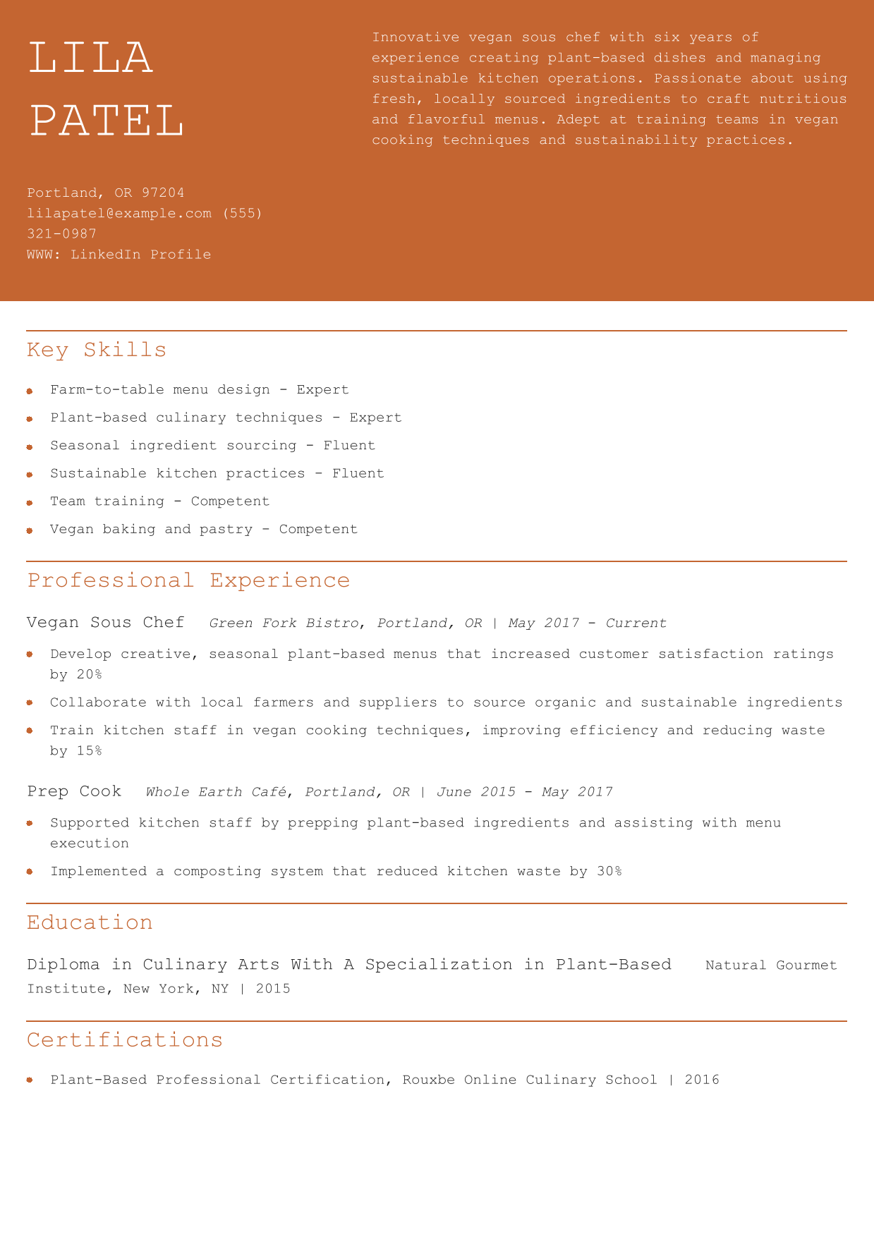 Vegan Cuisine Sous Chef Resume Example