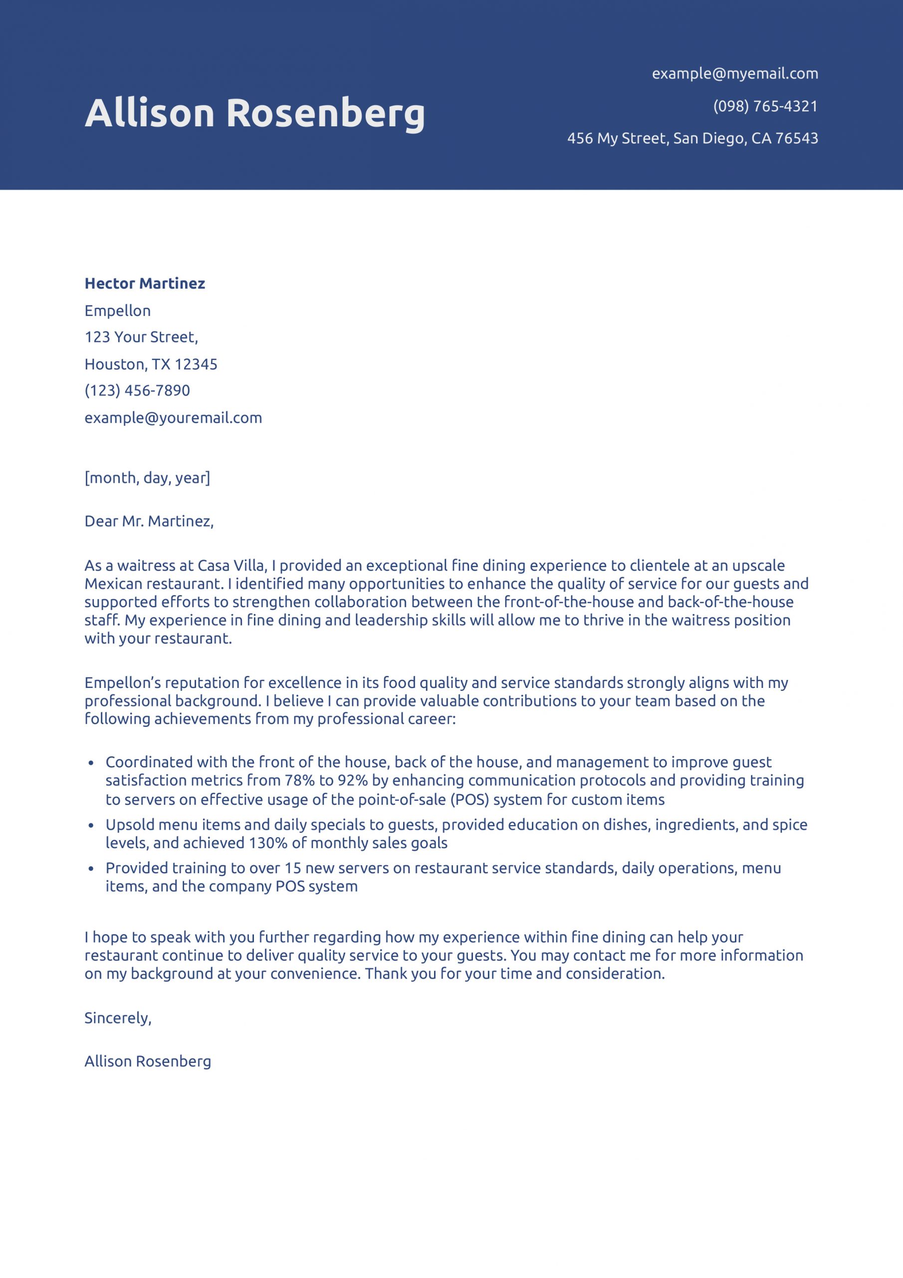 Waiter/Waitress Cover Letter Examples and Templates for 2025