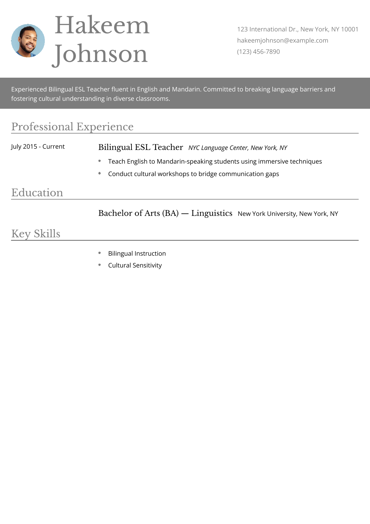 Bilingual ESL Teacher Resume Example