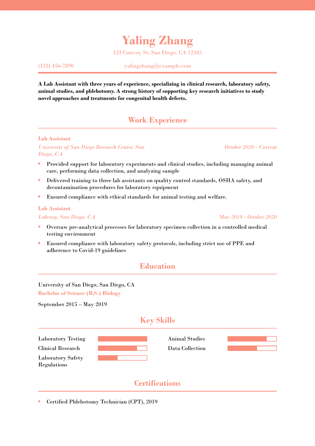 Lab Assistant Resume Example