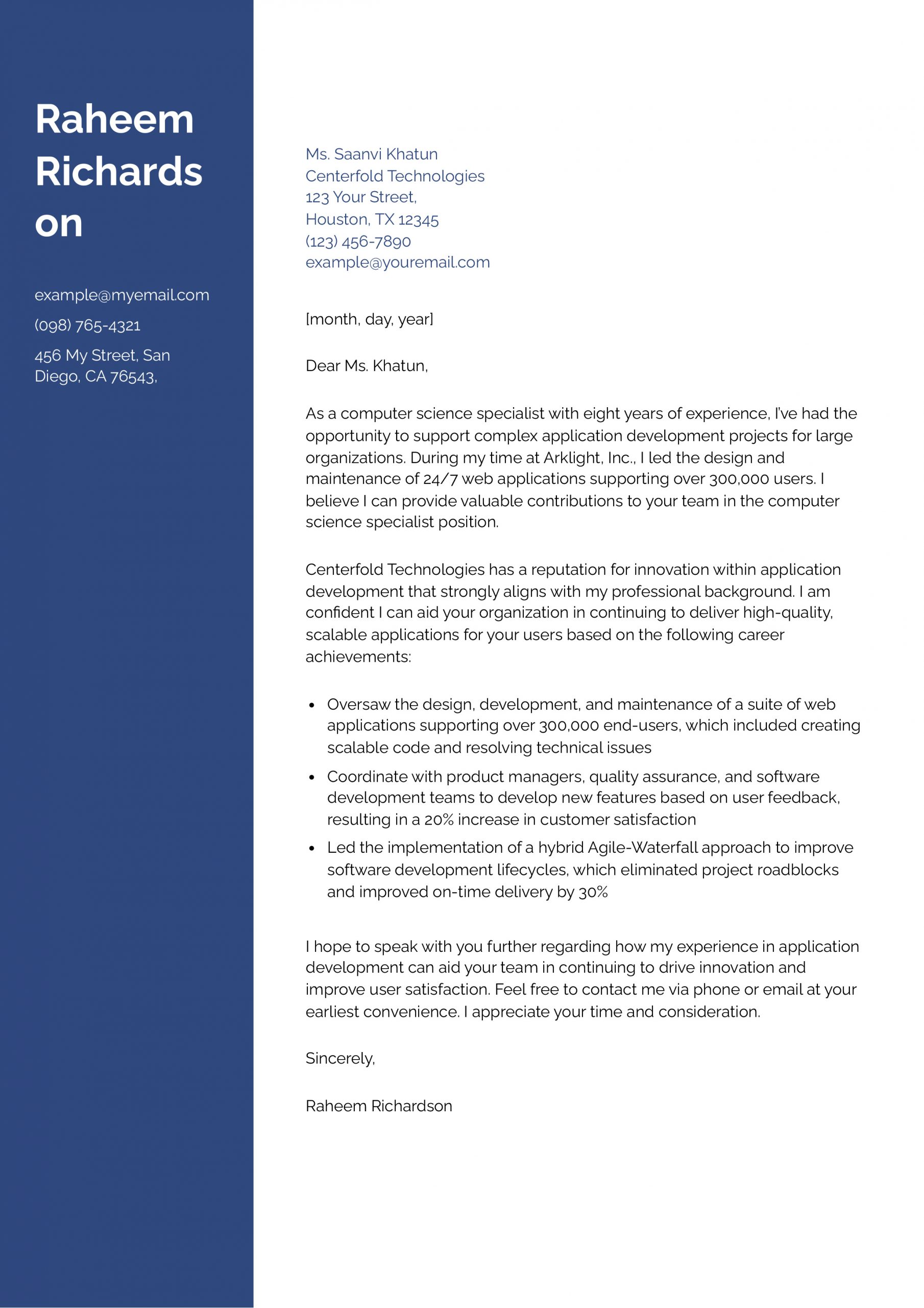 Computer Science Specialist Cover Letter Examples and Templates for 2025