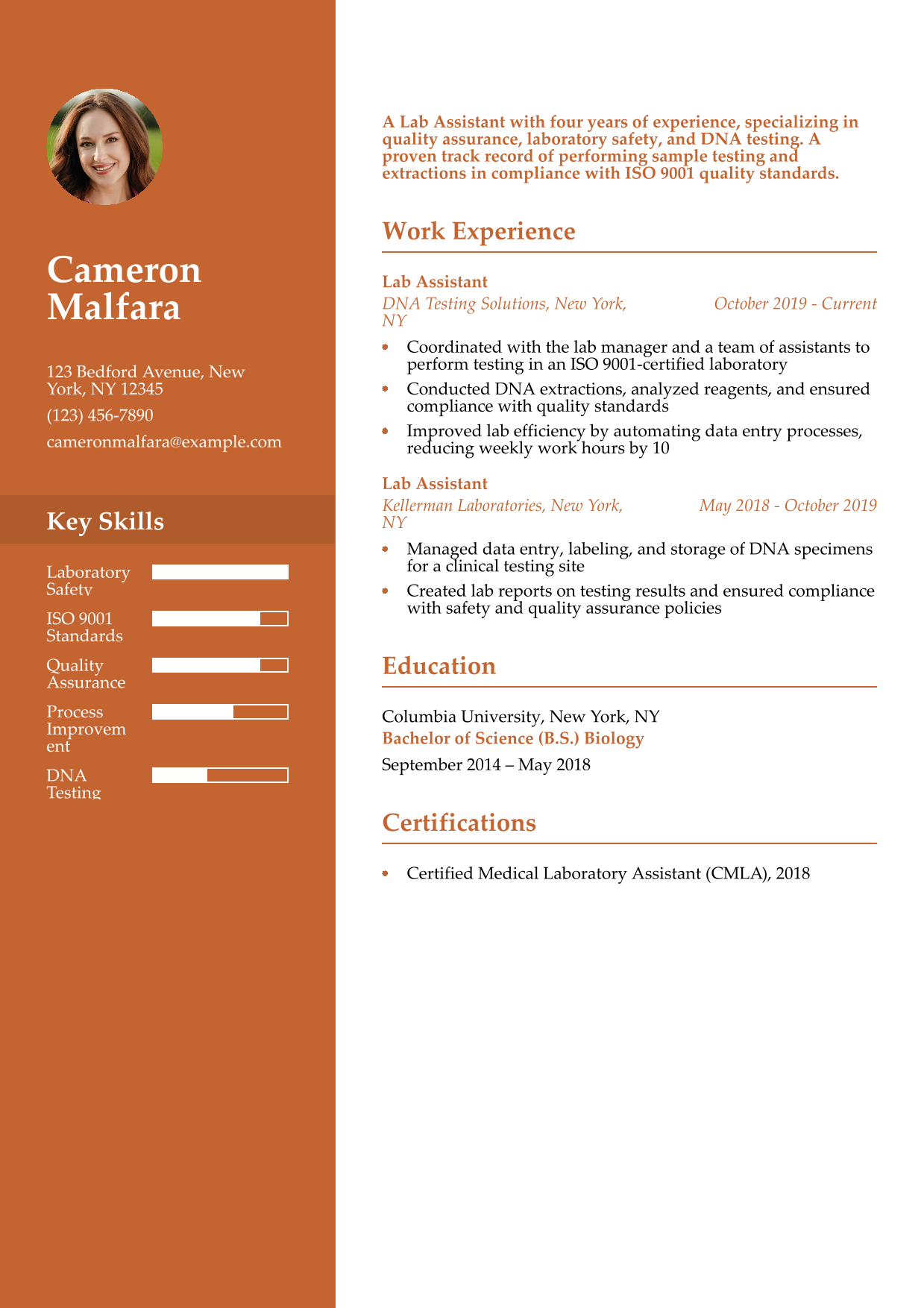 DNA Lab Assistant Resume Example