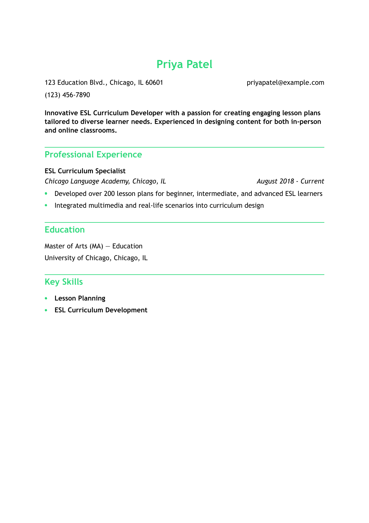 ESL Curriculum Developer Resume Example