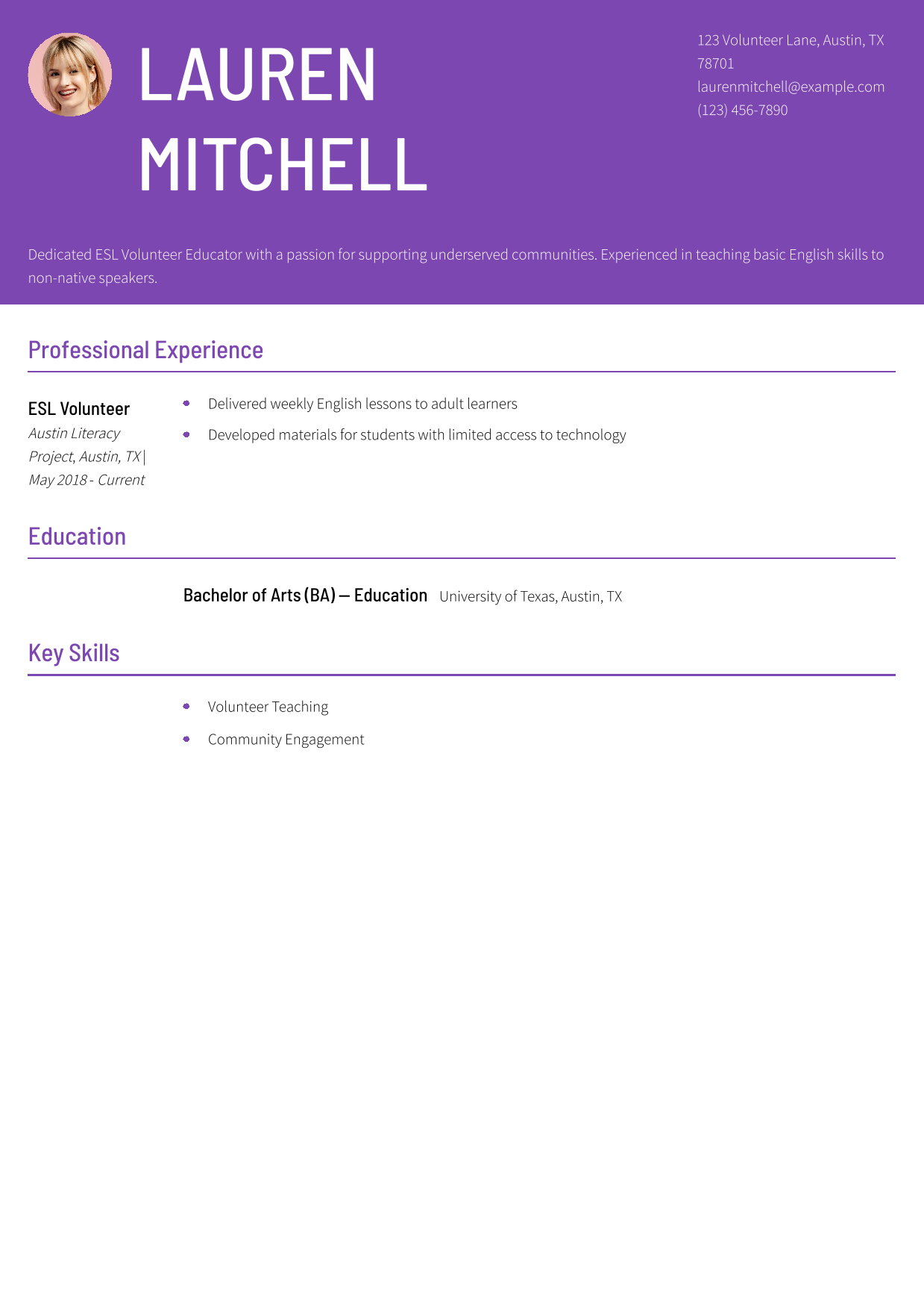 ESL Volunteer Educator Resume Example