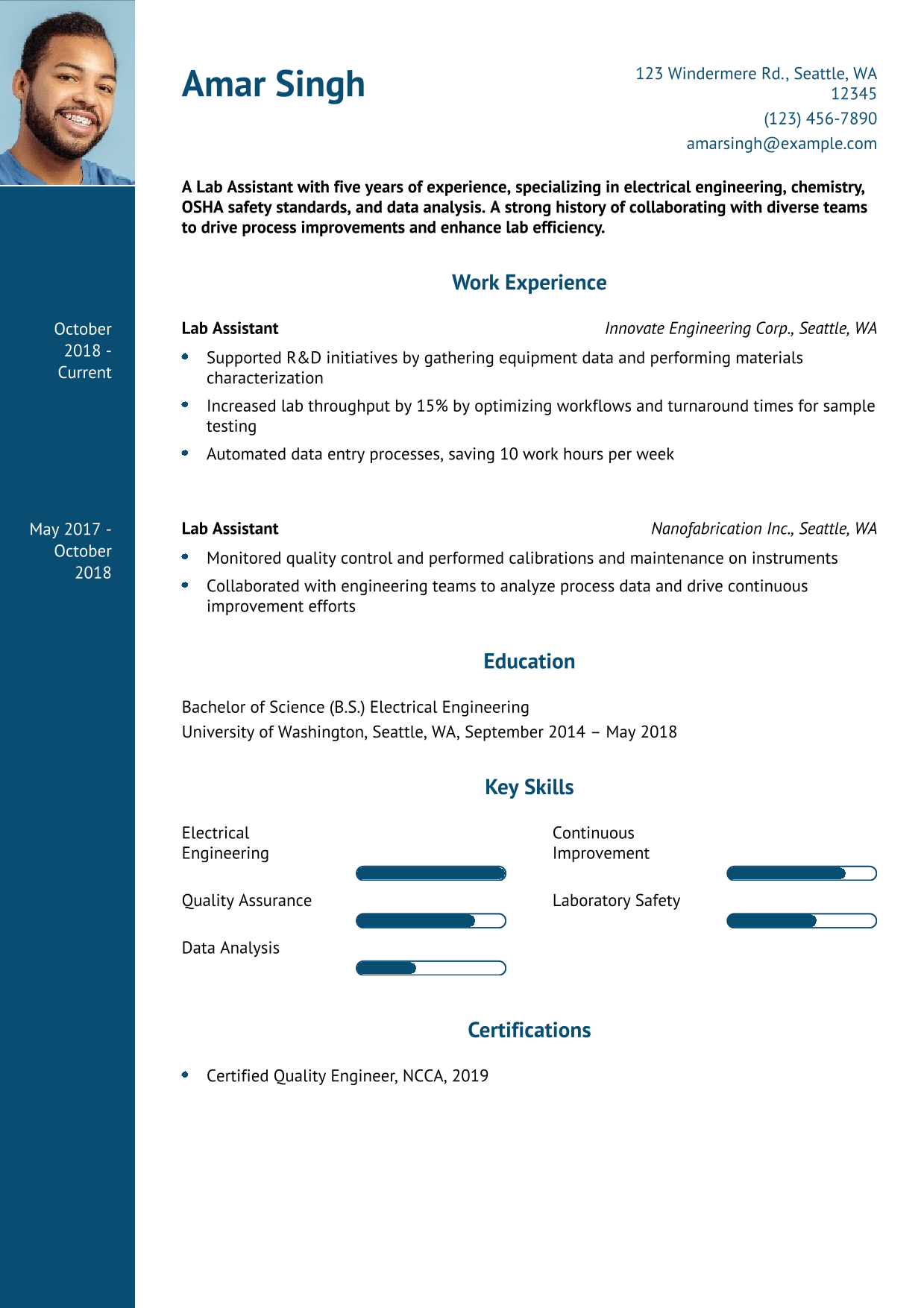Engineering Lab Assistant Resume Example