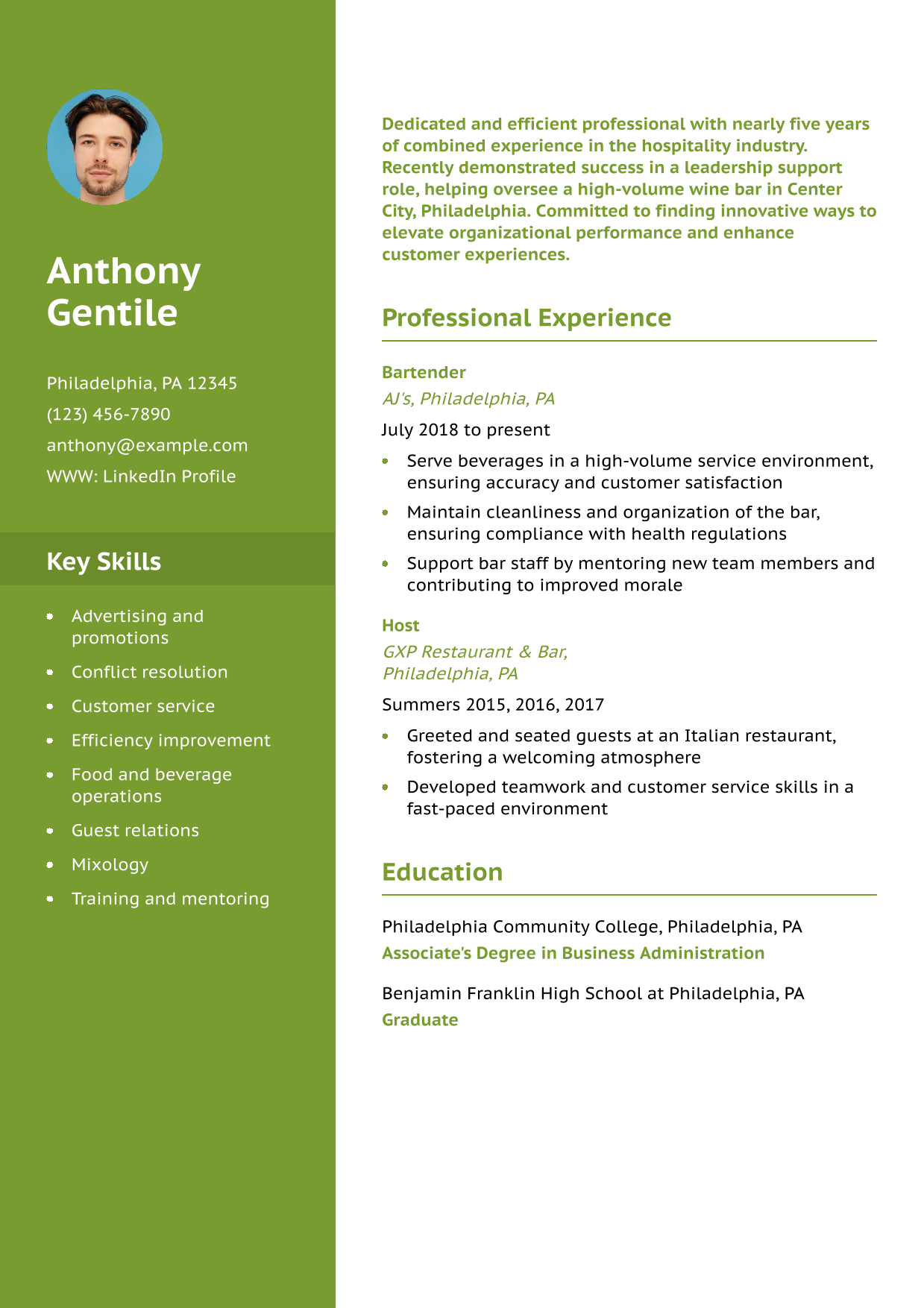 Entry-Level Bar Manager Resume Example