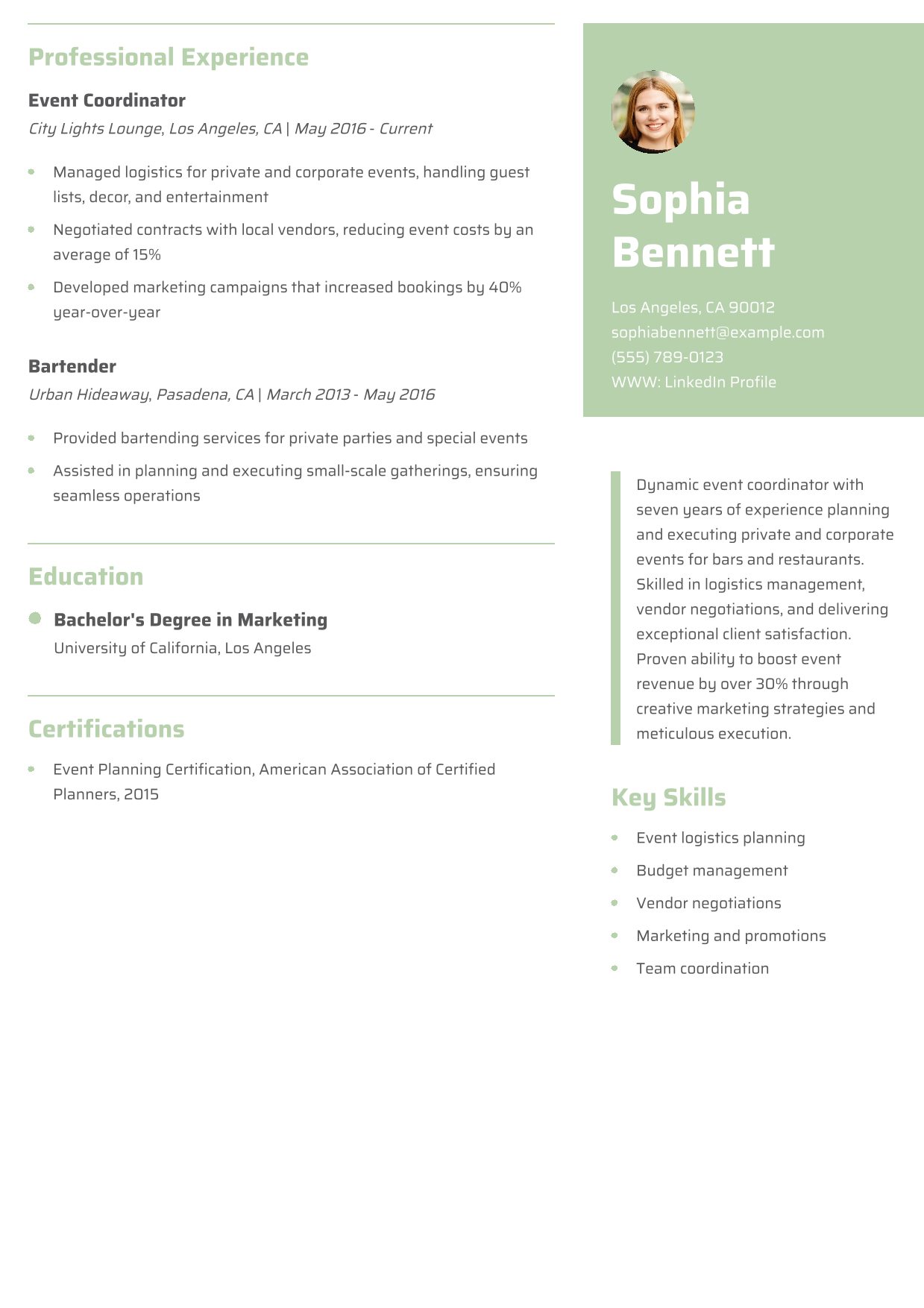 Event Coordinator Resume Example