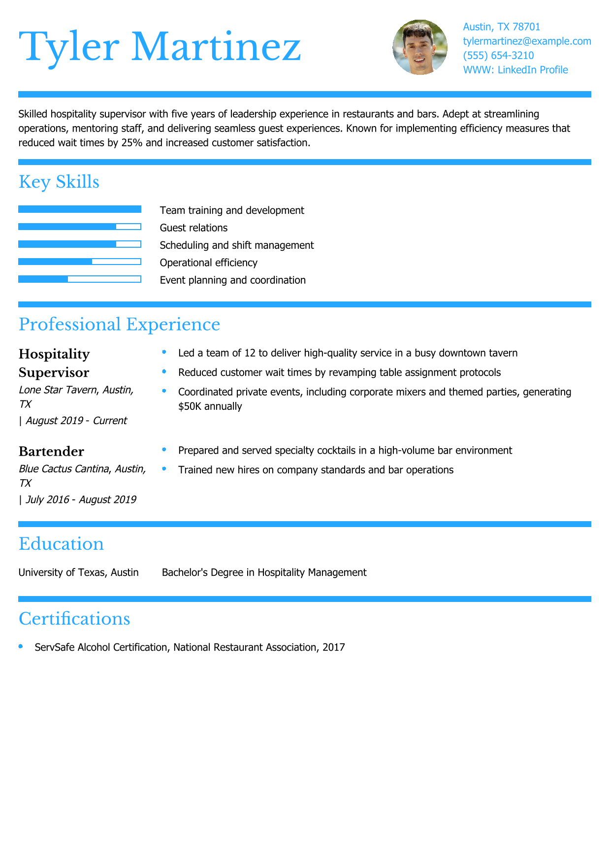 Hospitality Supervisor Resume Example