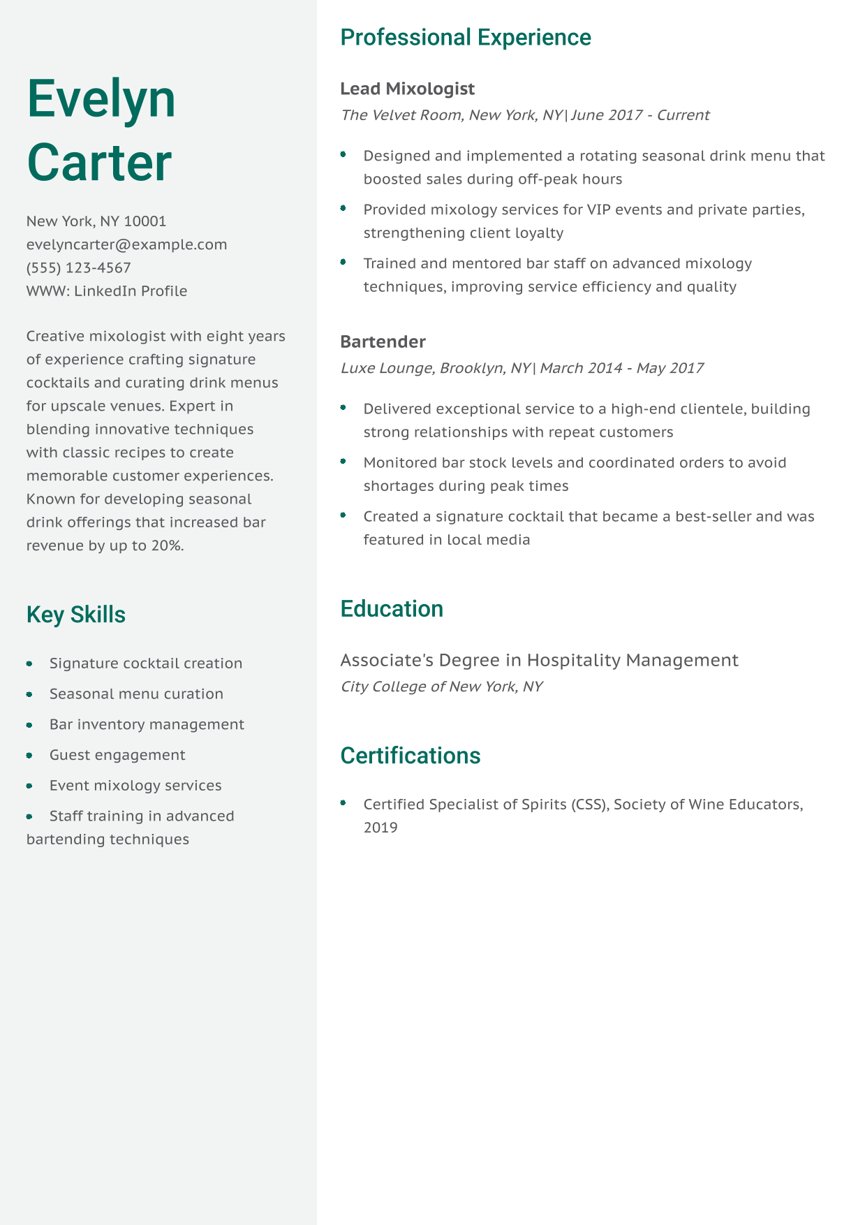 Mixologist Resume Example