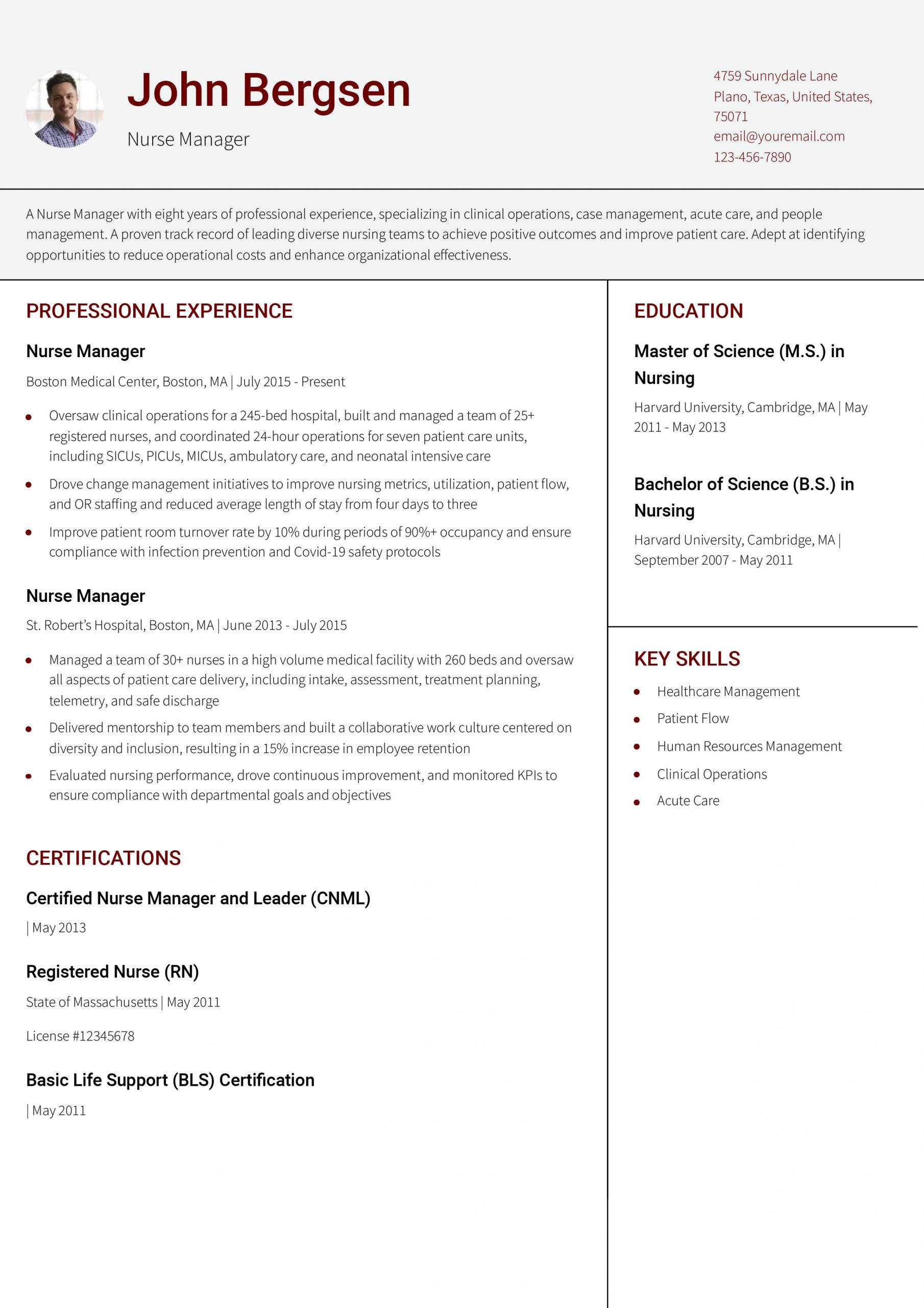 Nurse Manager - Mid Level Resume Example