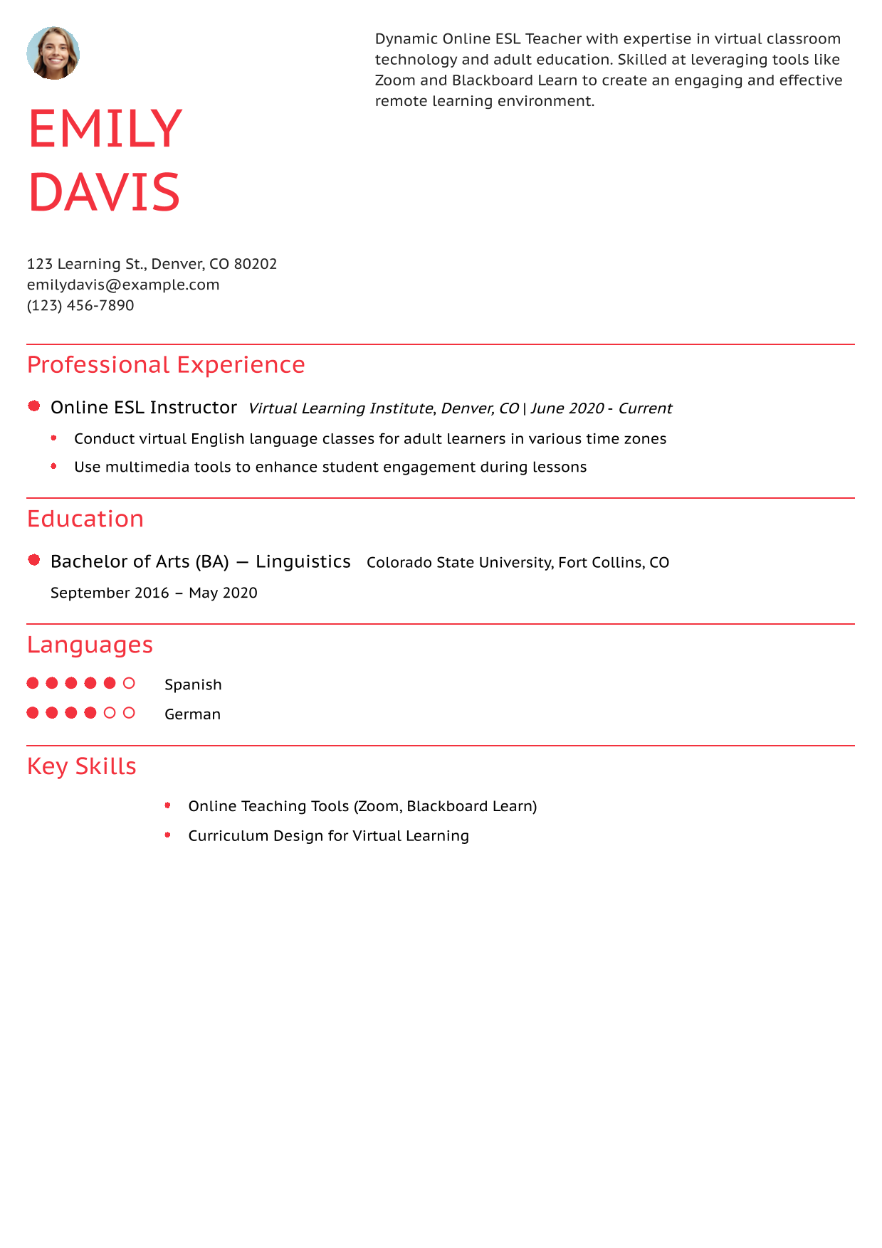 Online ESL Teacher Resume Example