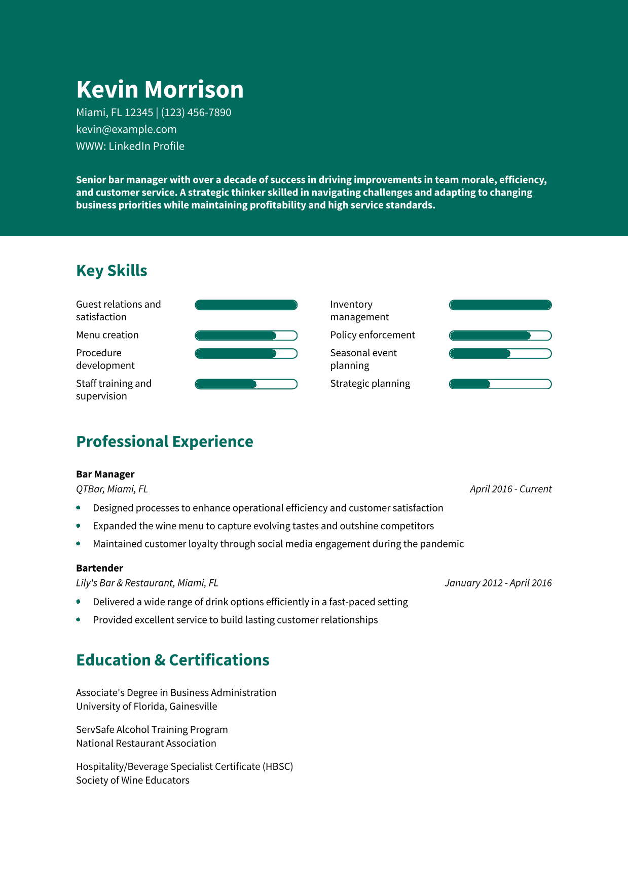Senior-Level Bar Manager Resume Example